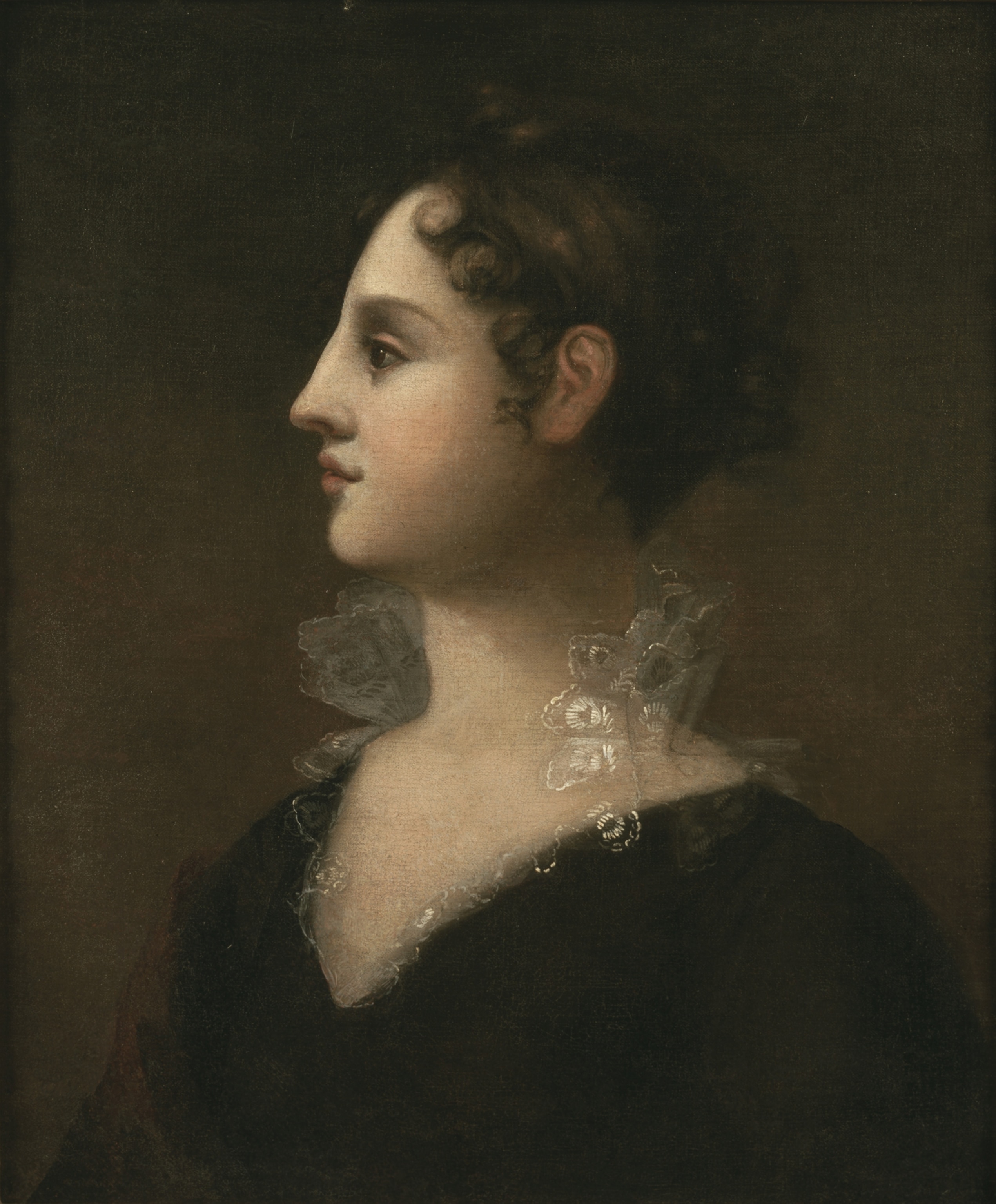 A painted portrait of a young woman looking sideways, she has dark hair and a fair complexion.