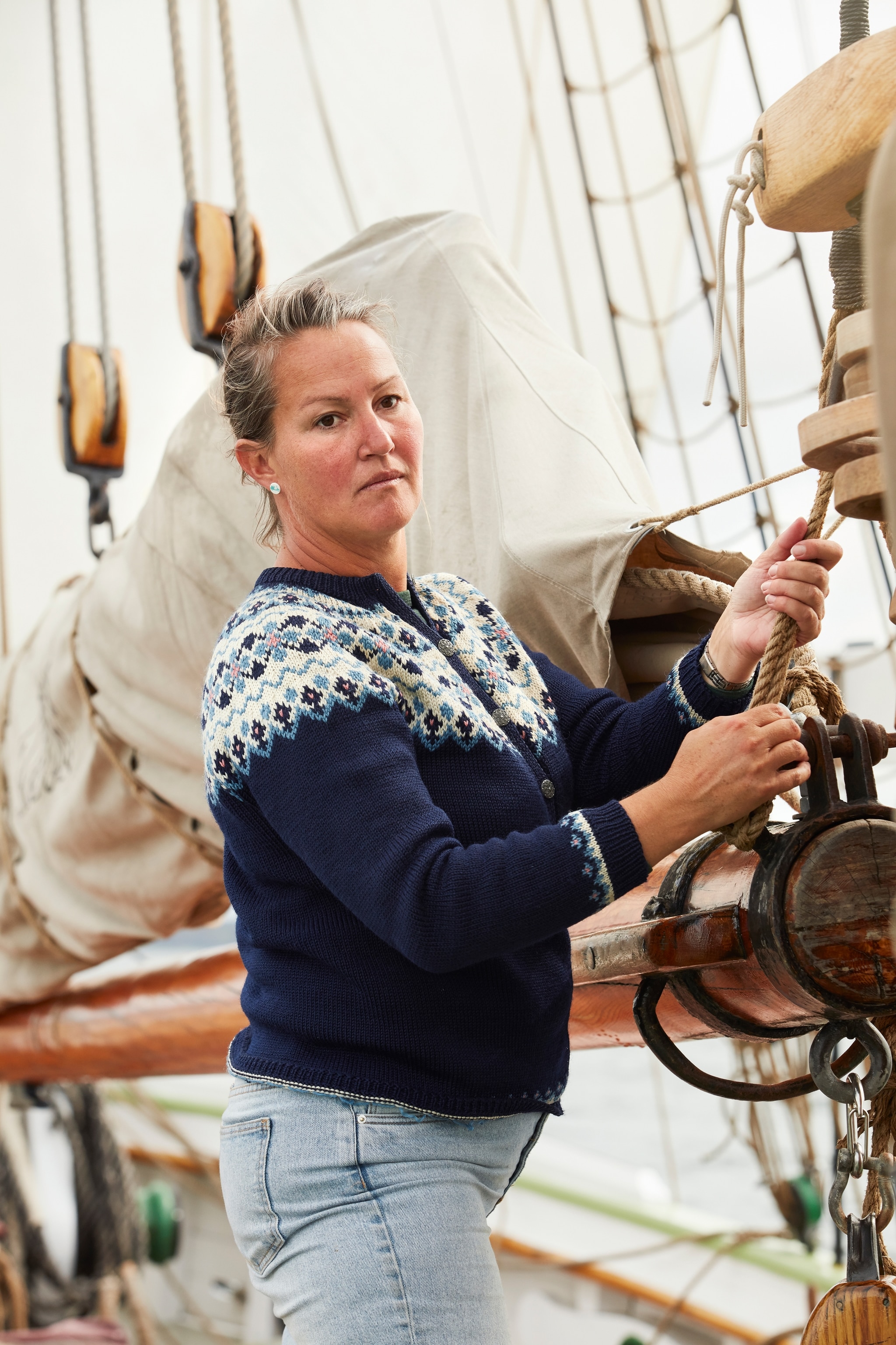Helene Moddie, is the co-caption of the Aron, a 98ft, two-mast tall ship dating from 1906.
