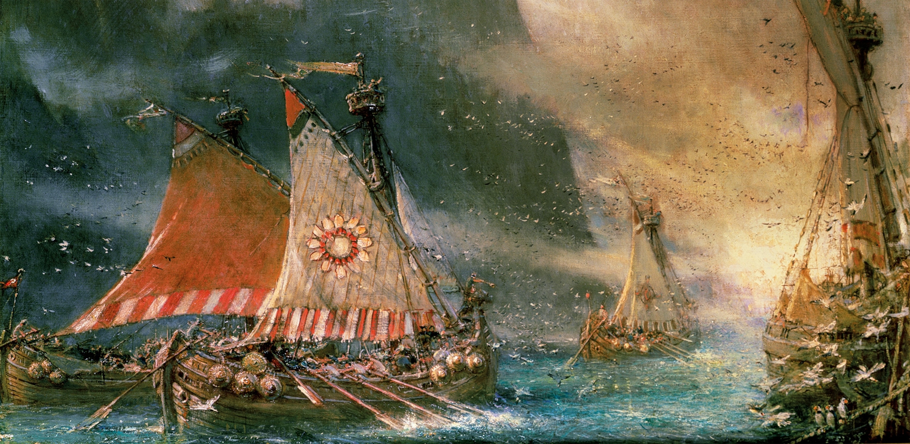 Albert Goodwin’s 19th-century painting reflects the deep impact the Vikings made on the European imagination. Throughout the ninth century, their raids expanded across western Europe, entering the Mediterranean in a.d. 859.
