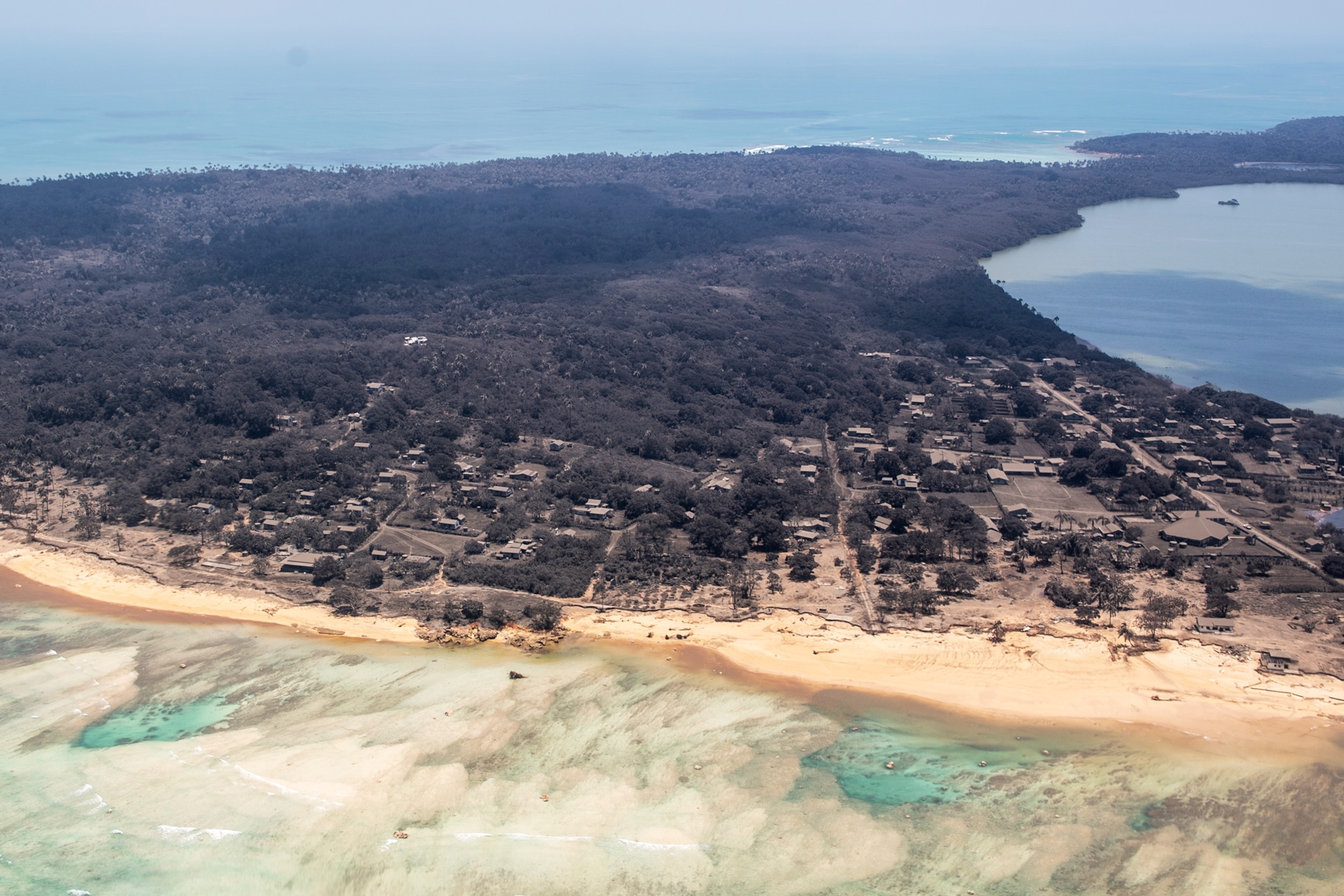 An aerial view of heavy ash fall in Nomuka, Tonga, on January 17, 2022.