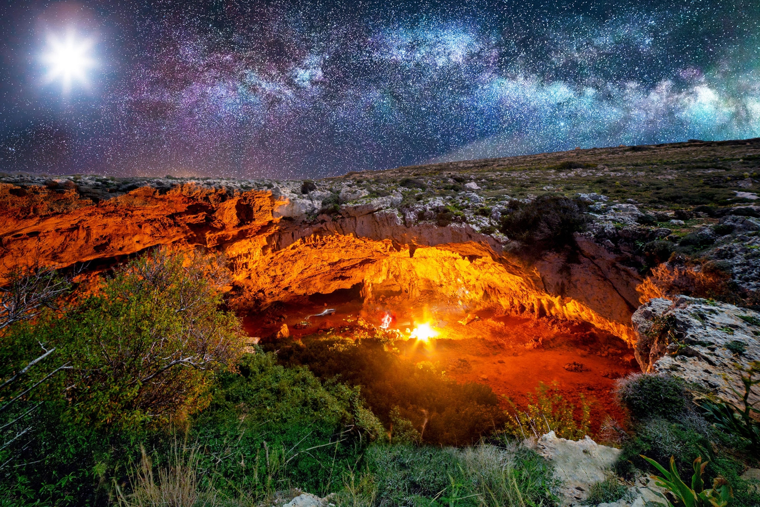 Ghajn Tuta Cave in Malta under the night sky