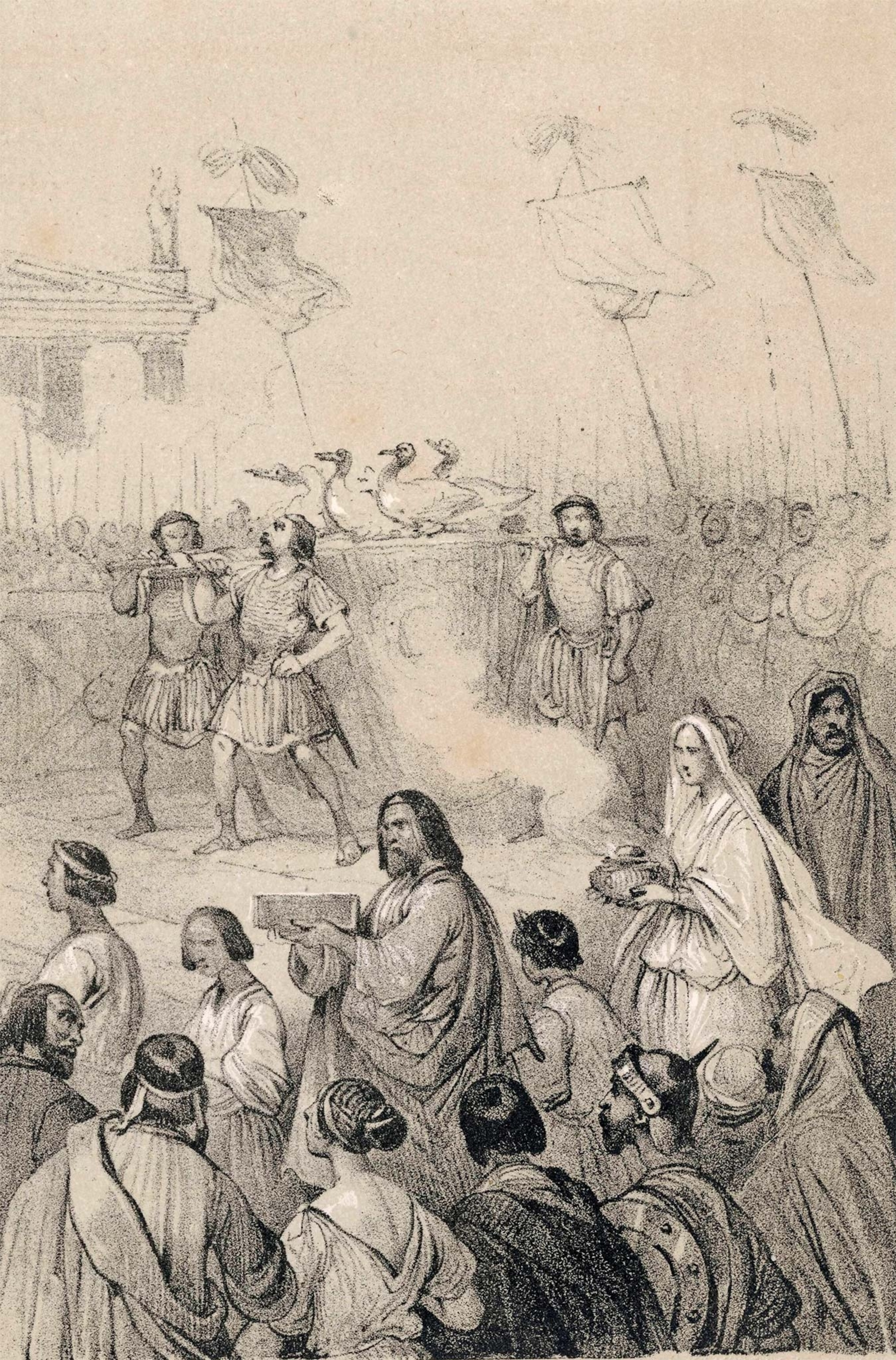 Romans celebrate the sacred geese as they are paraded through the streets to celebrate their defense of the city, in an engraving.