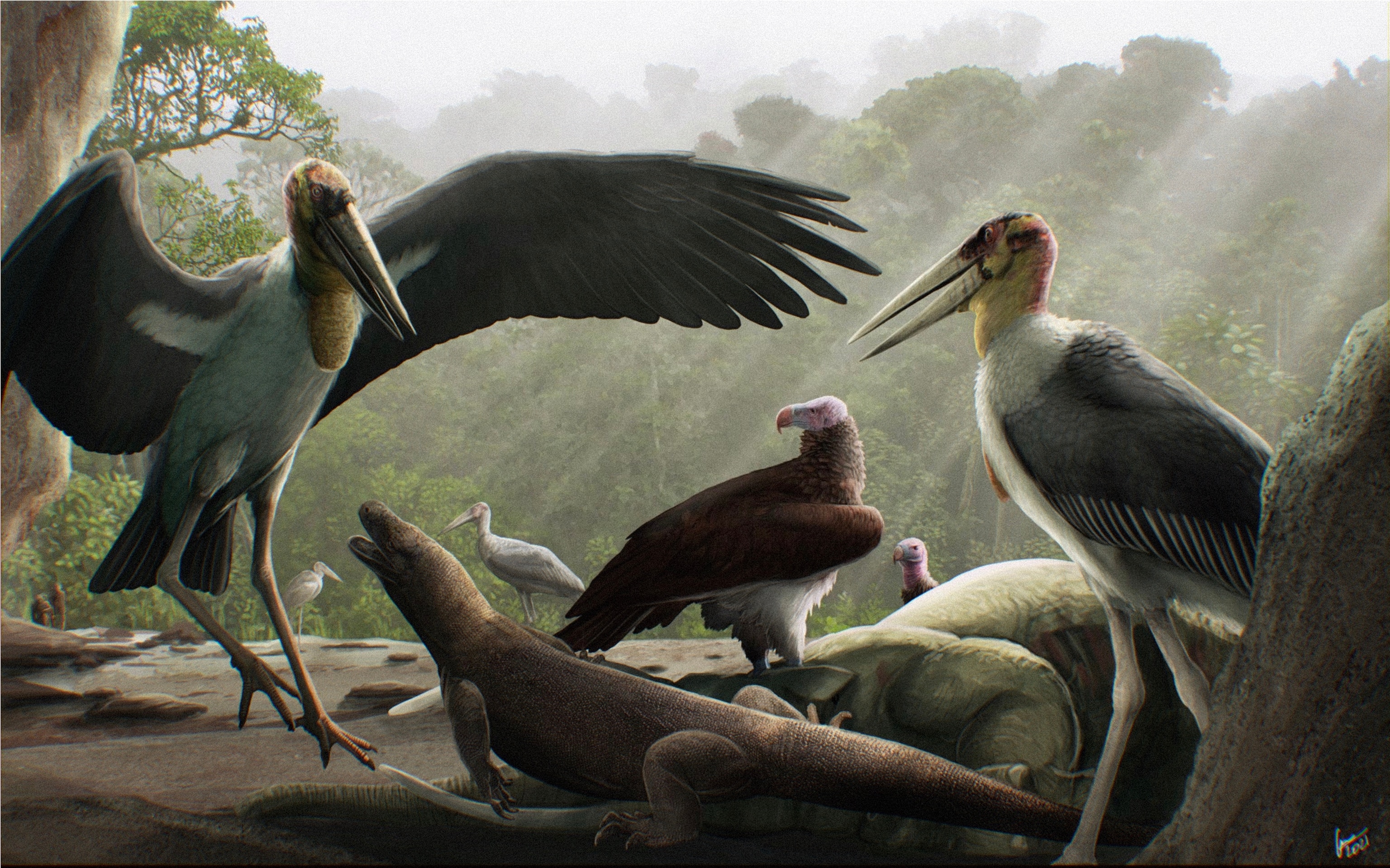 Illustration of a komodo dragon between two giant marabou storks, squaring off to challenge for the carcass of a dwarf Stegodon.