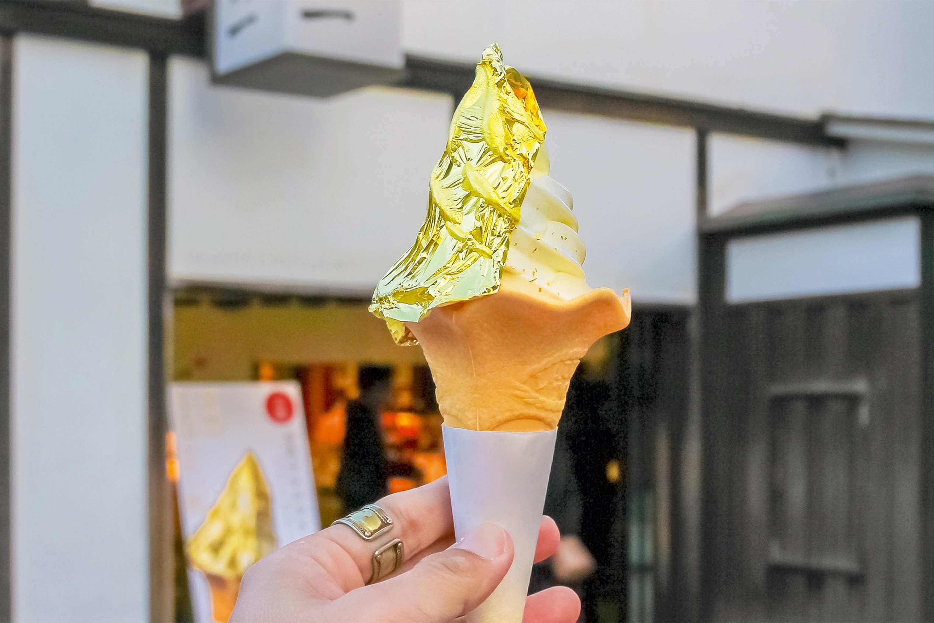 Ice cream wrapped in gold leaf.
