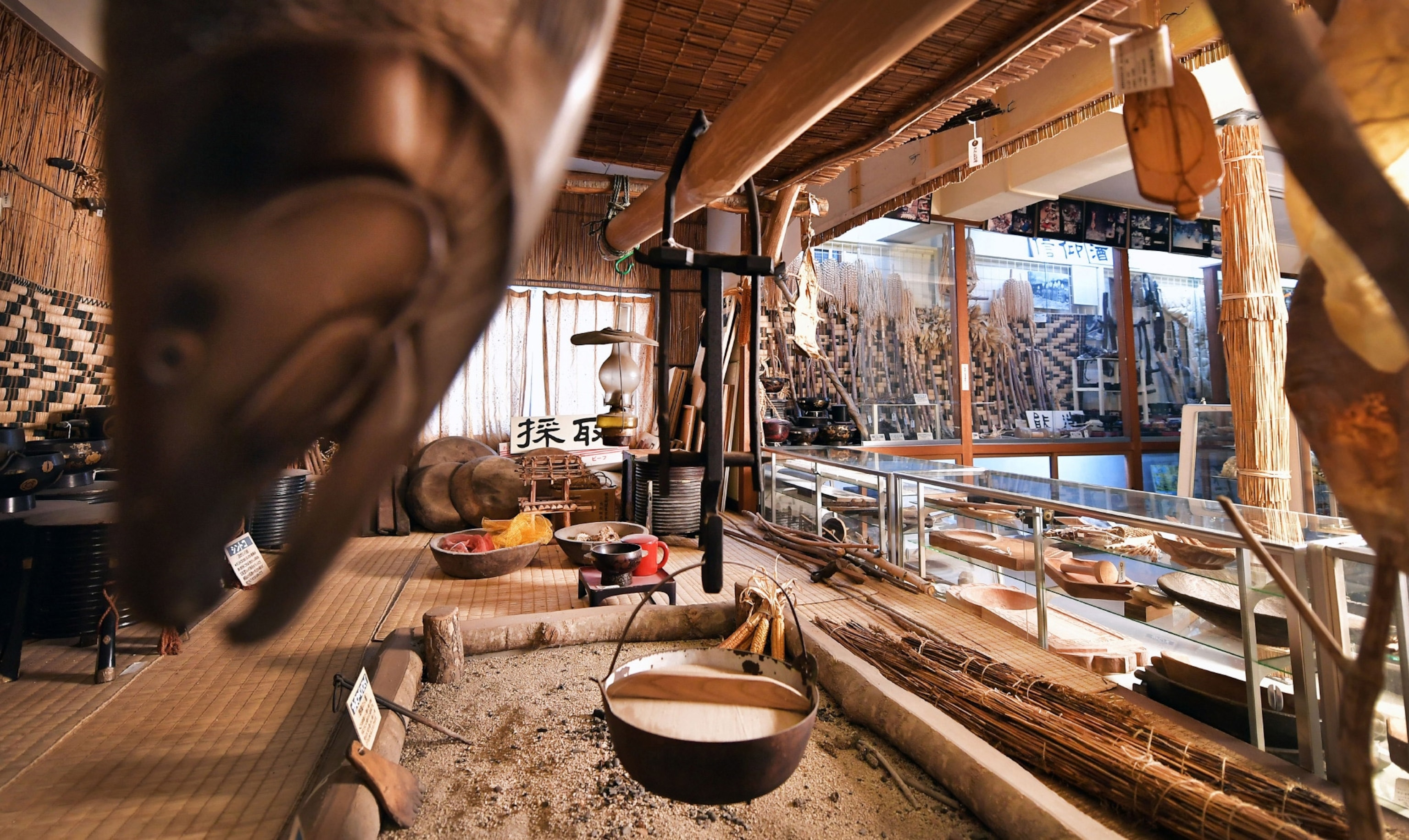 A collection of artifacts displayed at the Kayano Shigeru Nibutani Ainu Museum in Biratori Town, Hokkaido
