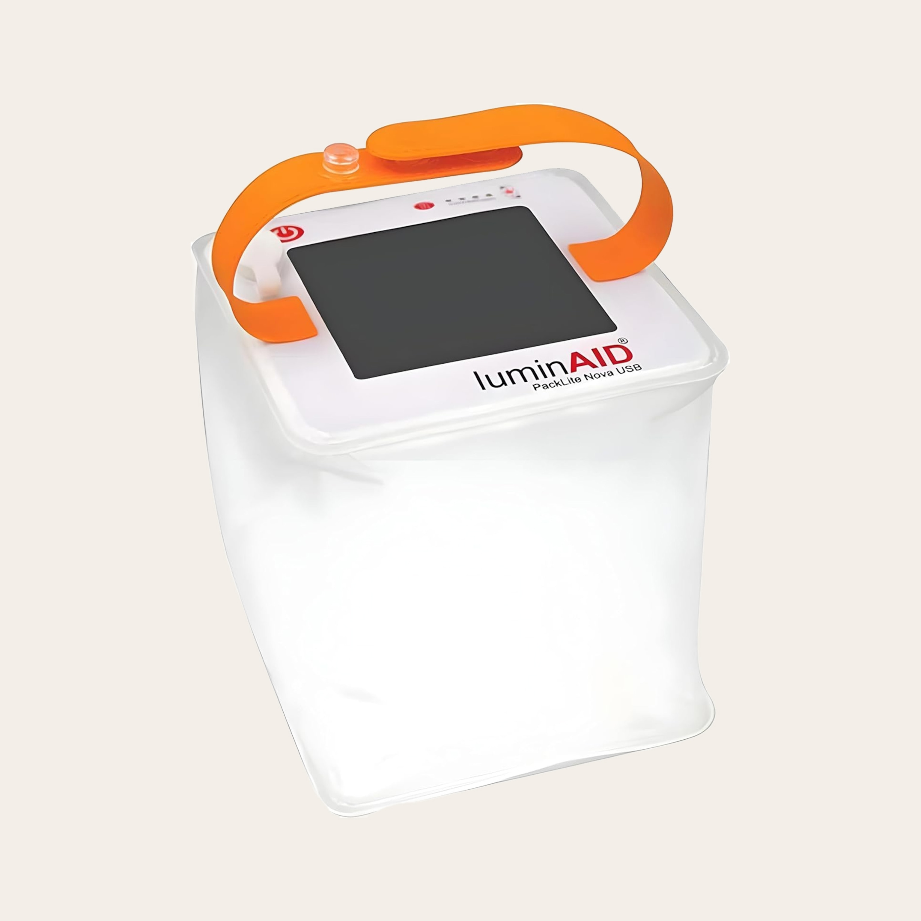 A white box with a screen and orange handle