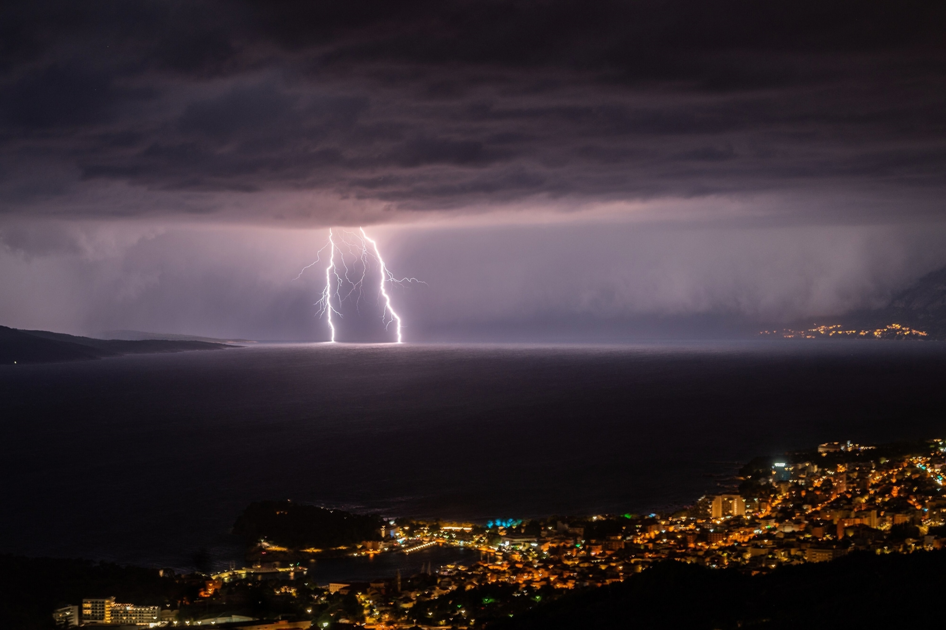 Lightning striking over the Adriatic Sea off the shore of Makarska