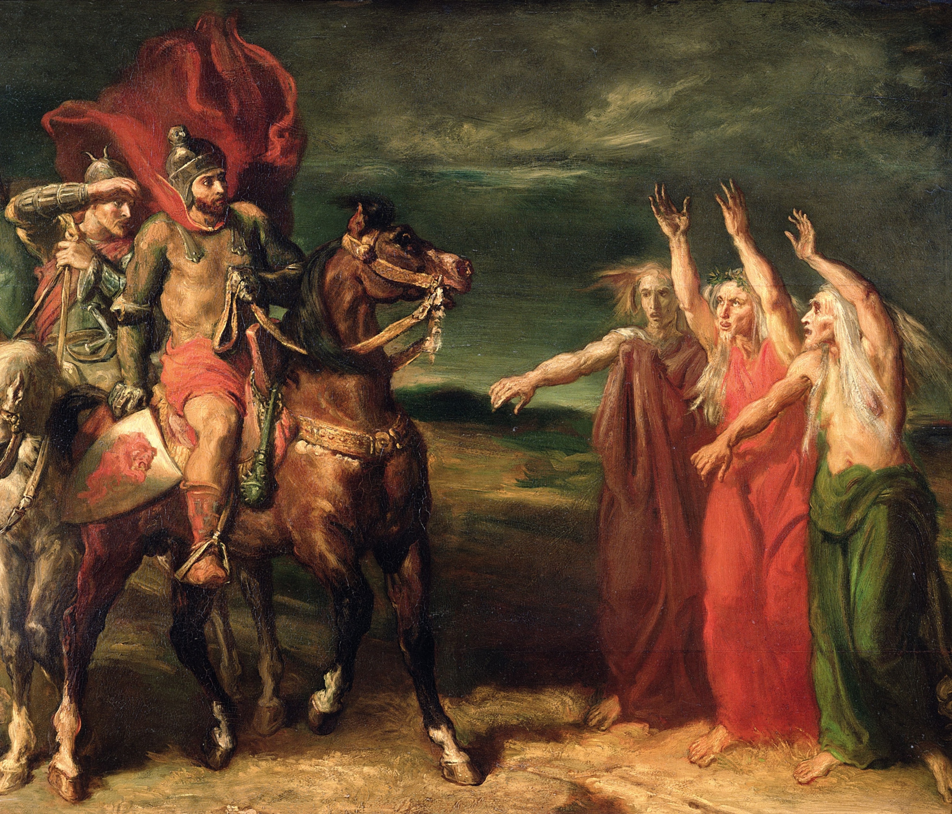 the weird sisters deliver their cursed prophecy to Macbeth  in a 1855 painting