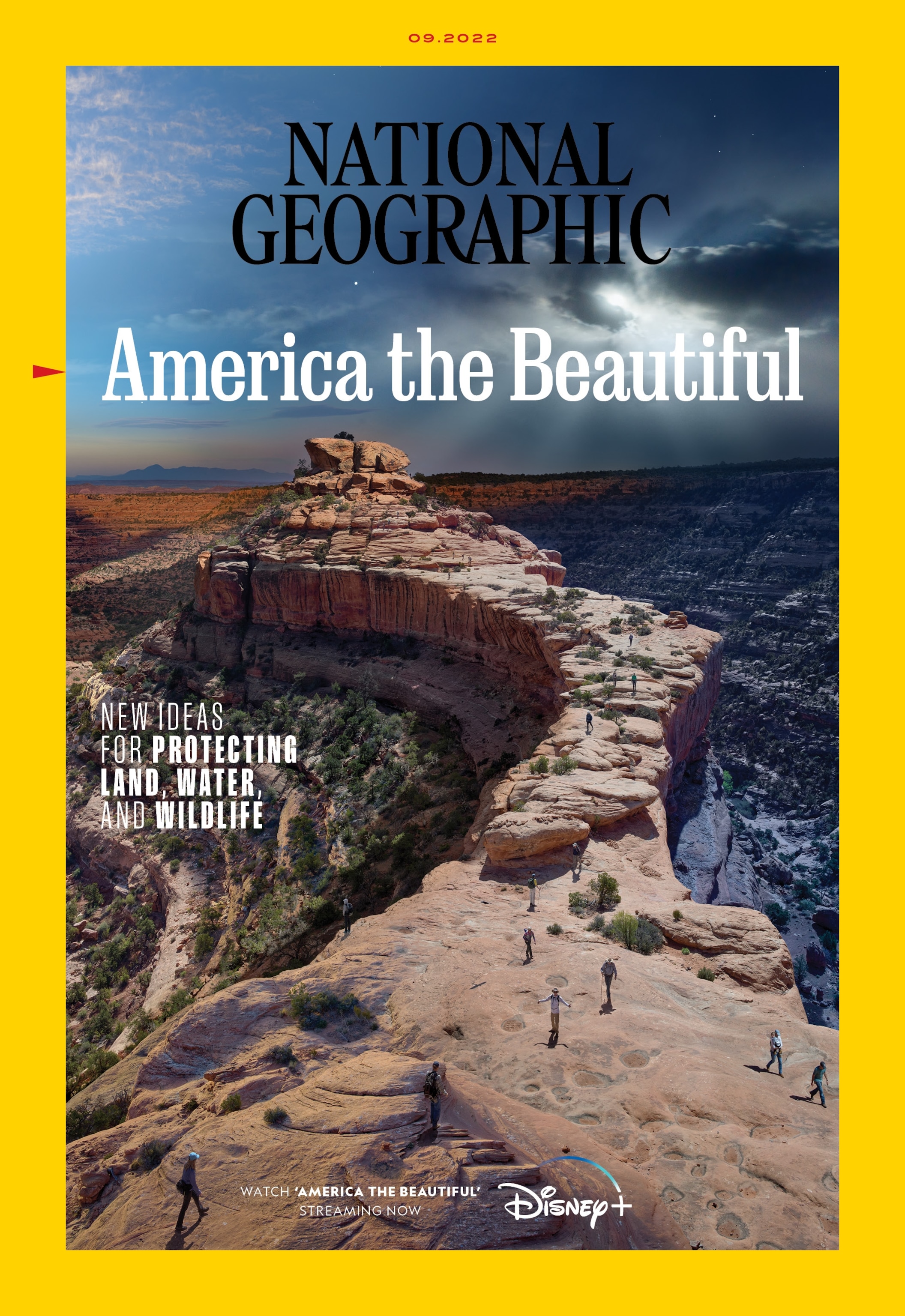 Picture of a pair of towering buttes stand against beautiful scenery with sunrise on the left and sunset on the right, surrounded by a yellow border.