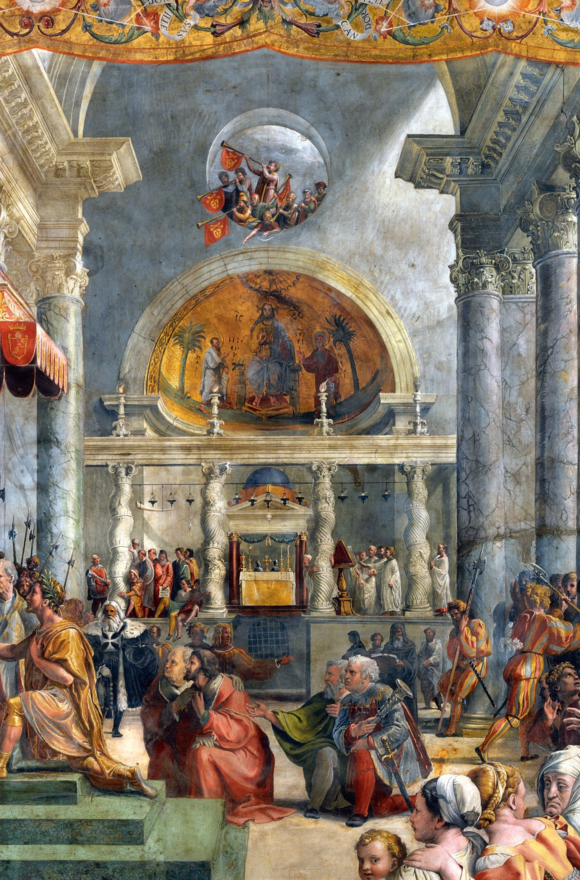 A painting shows the interior of the first basilica, with a painting above the high altar, a latticed door, and people standing around