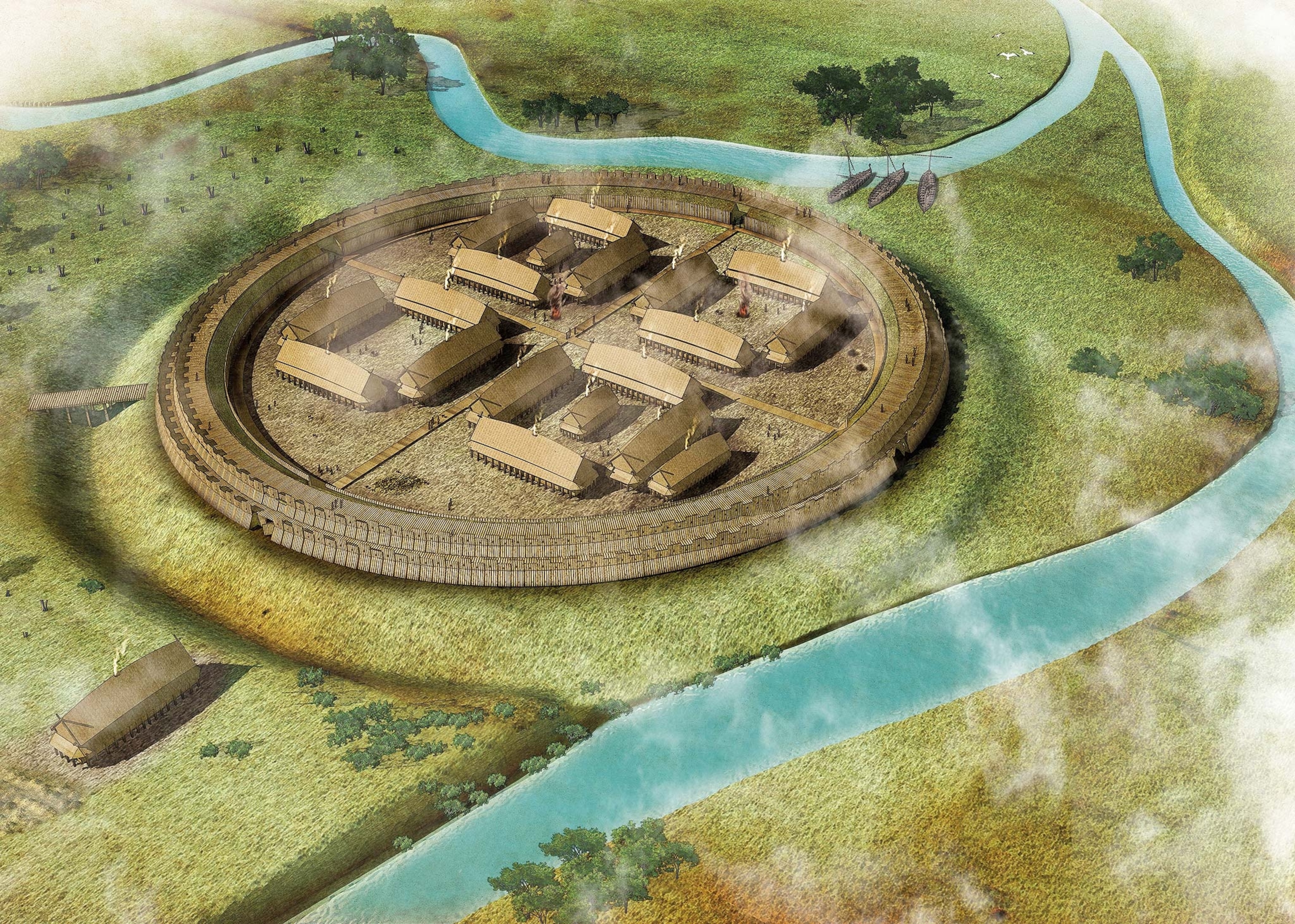 An illustration of the King's fortress at Trelleborg by the river