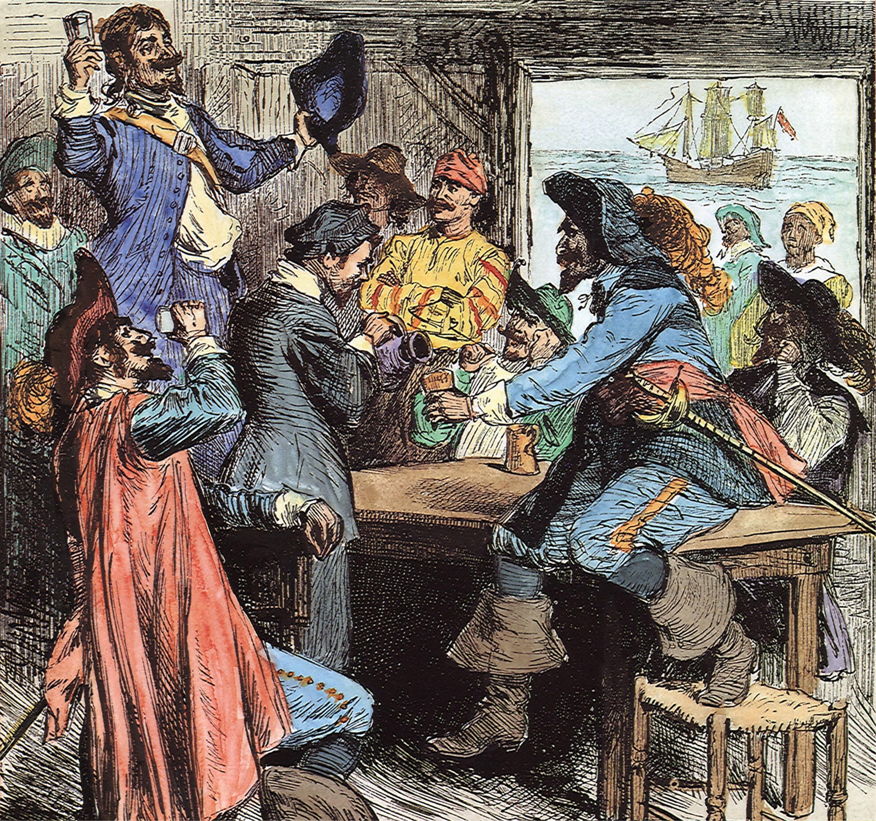 Engraving of pirates drinking at bar with ship in distance