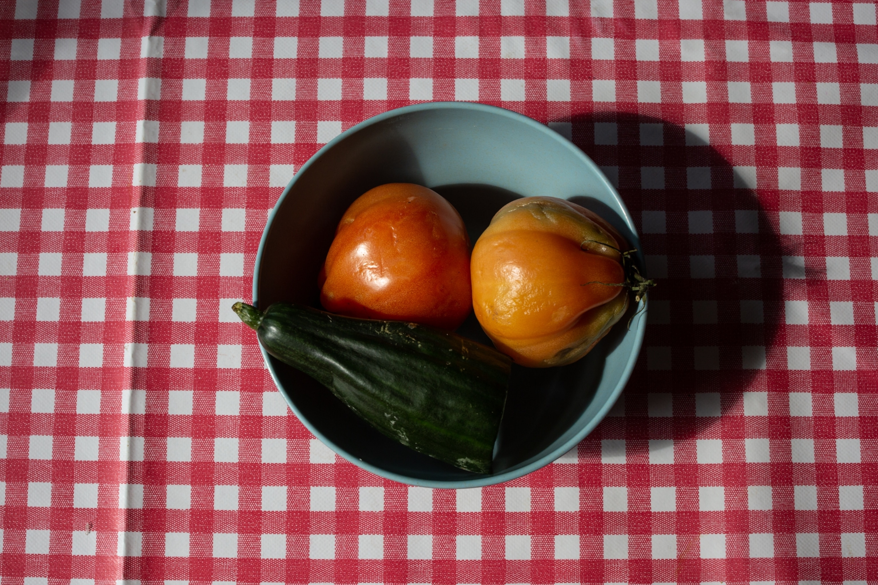 a bowl of two tomatoes and a vegetable