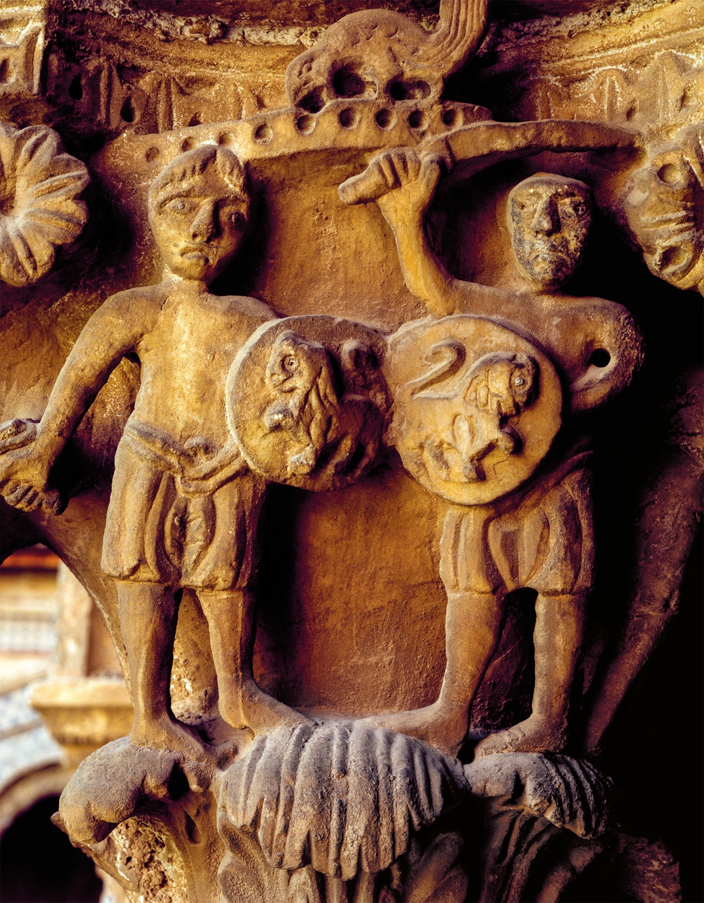 Two Norman warriors are depicted on this capital from the 12th-century cloister of the Cathedral of Monreale, Sicily.