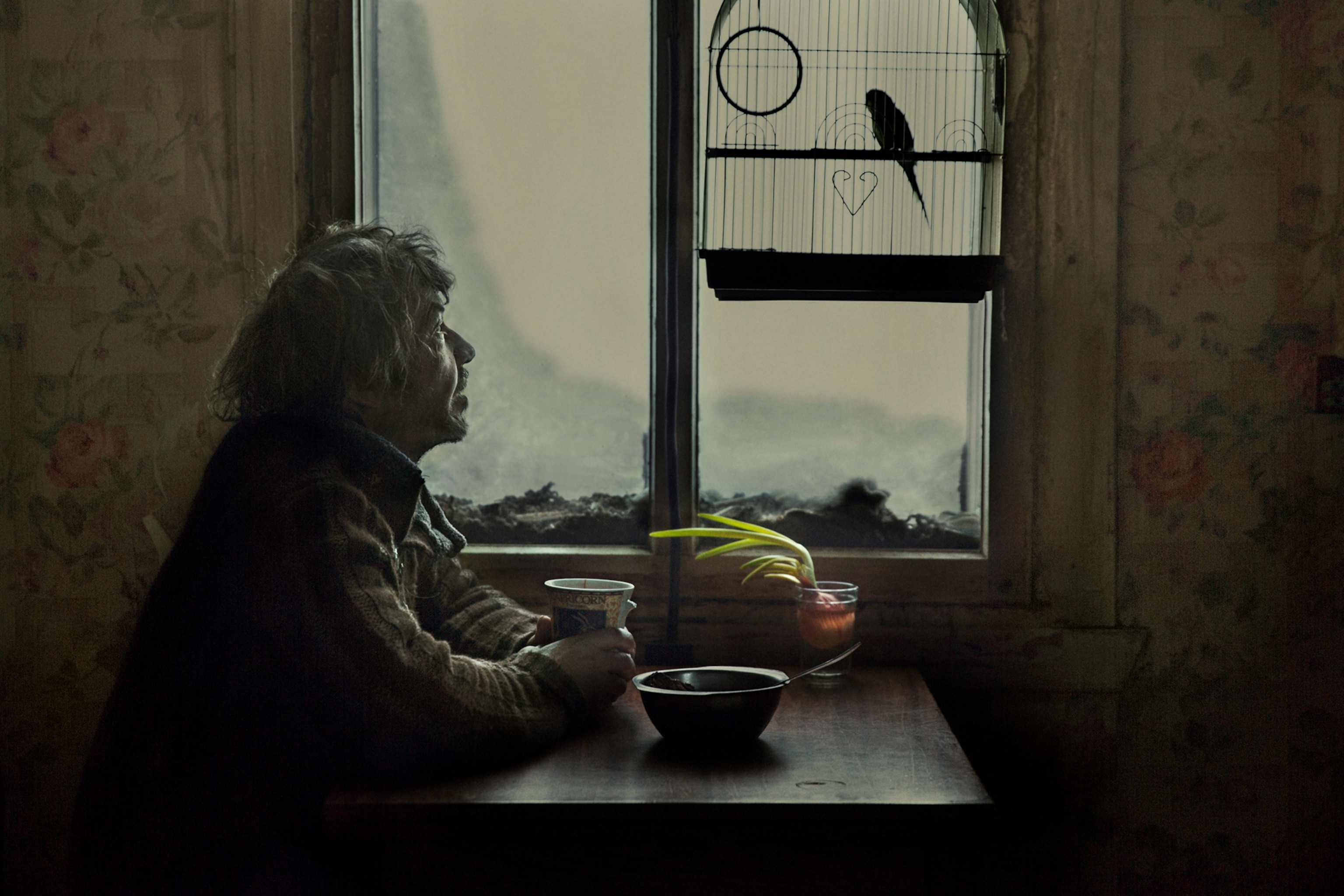 man looking at the bird in cage hung on the window.