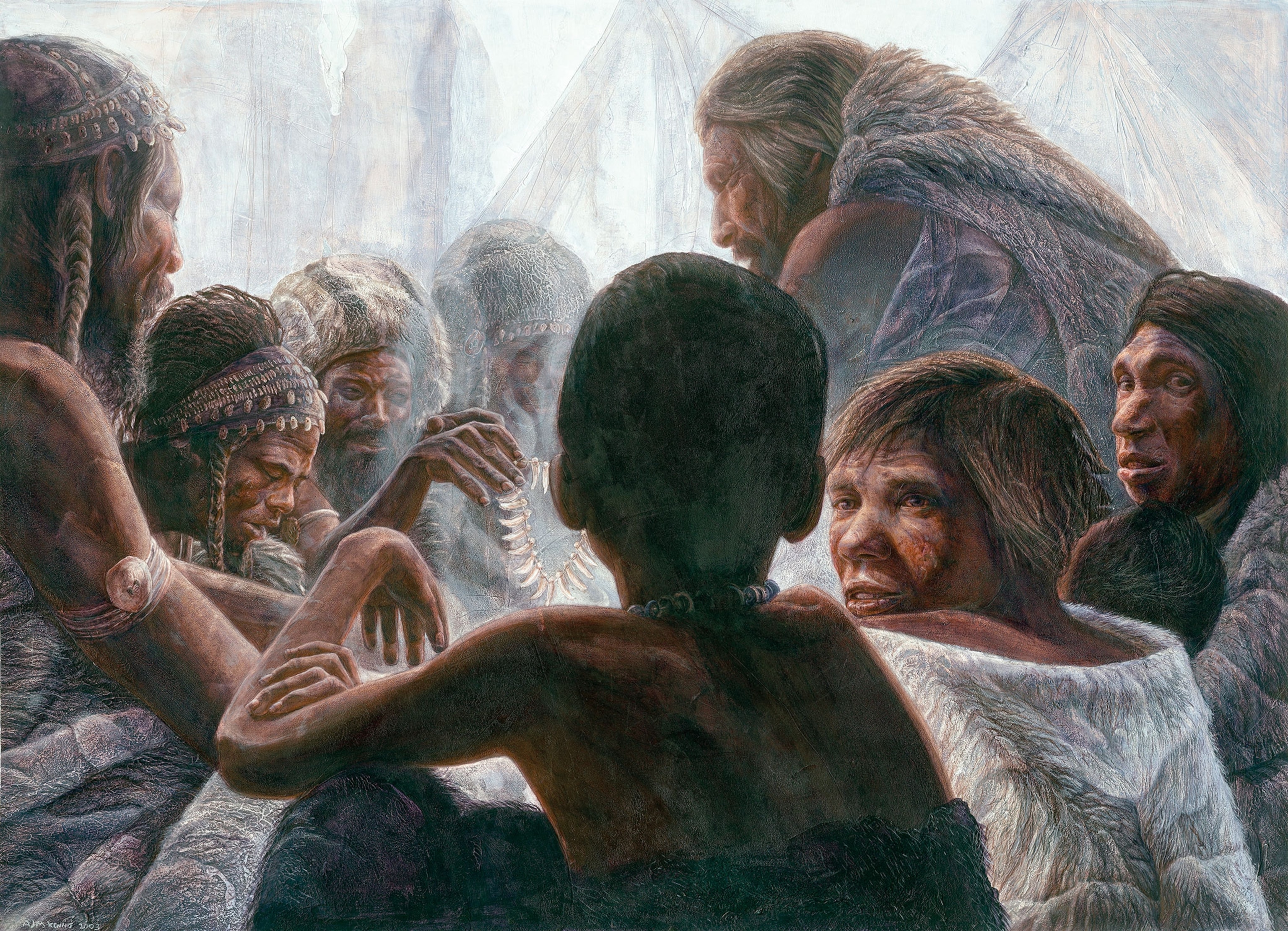 An illustration of Neanderthals and Homo sapiens meeting