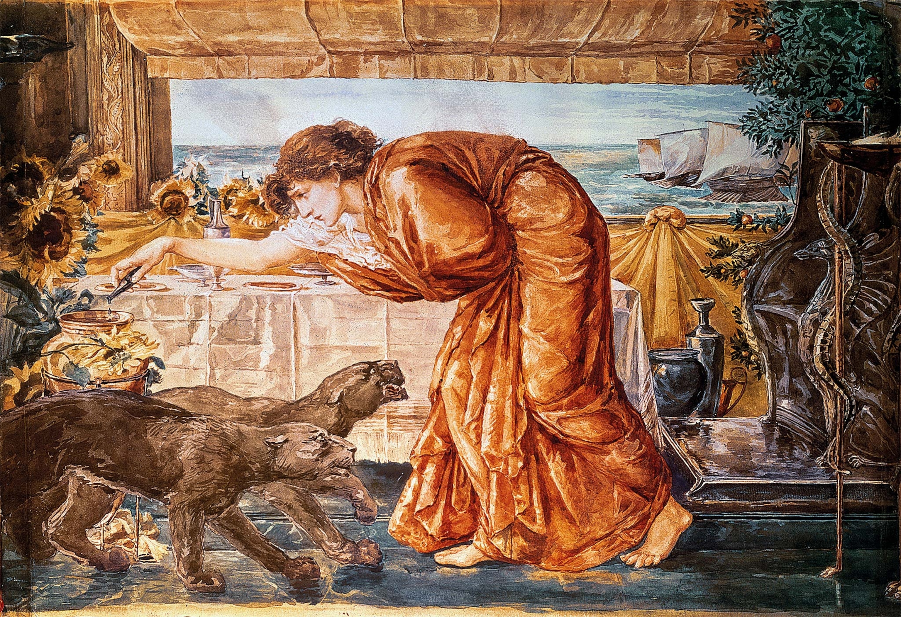 Inspired by the story of Circe’s enchantments of Odysseus’ men, Edward Burne-Jones’s 19th-century work depicts the sorceress, accompanied by fierce panthers, preparing a potion as Odysseus and his crew arrive on her shores.