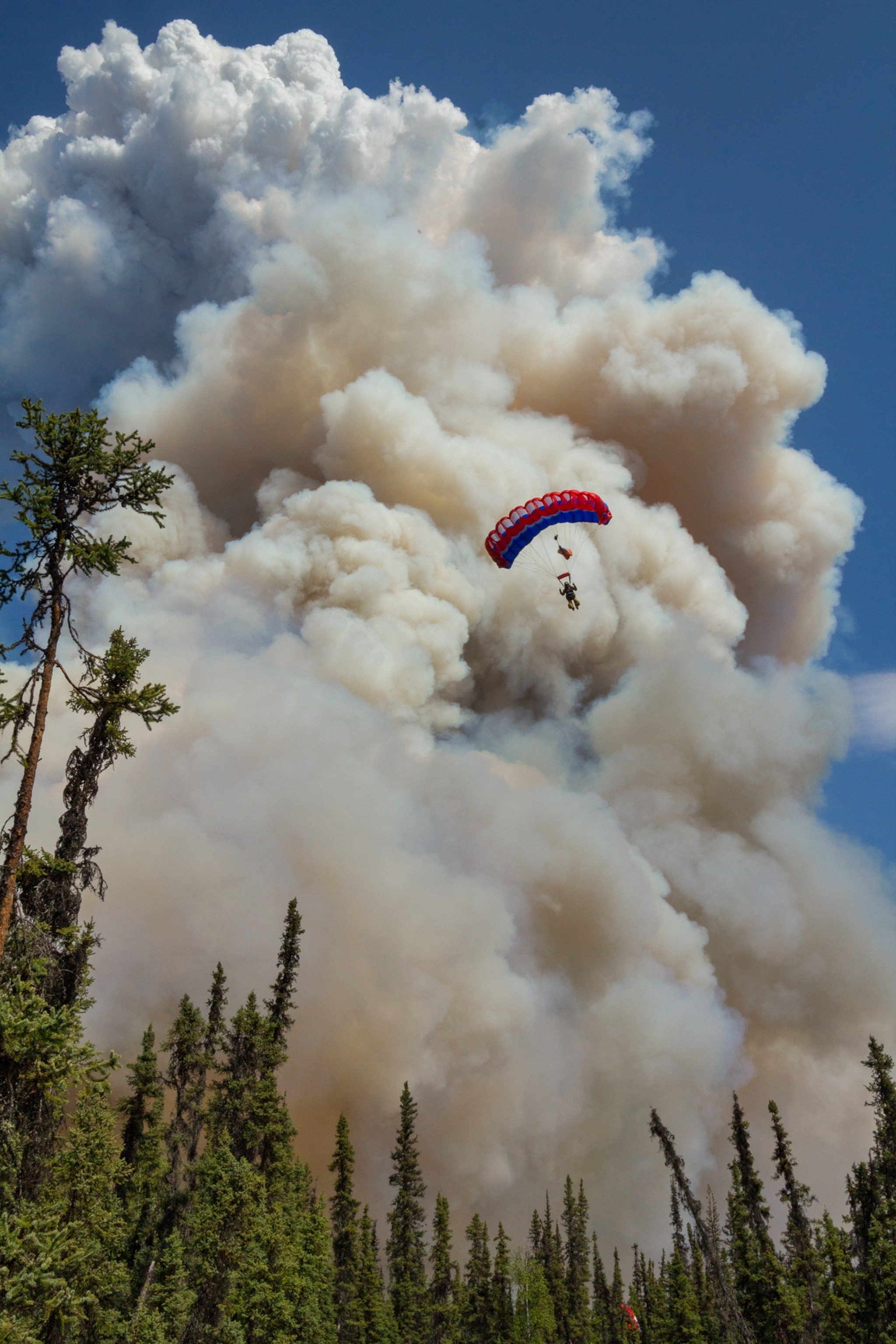 parachutist in smoky sky over the forest
