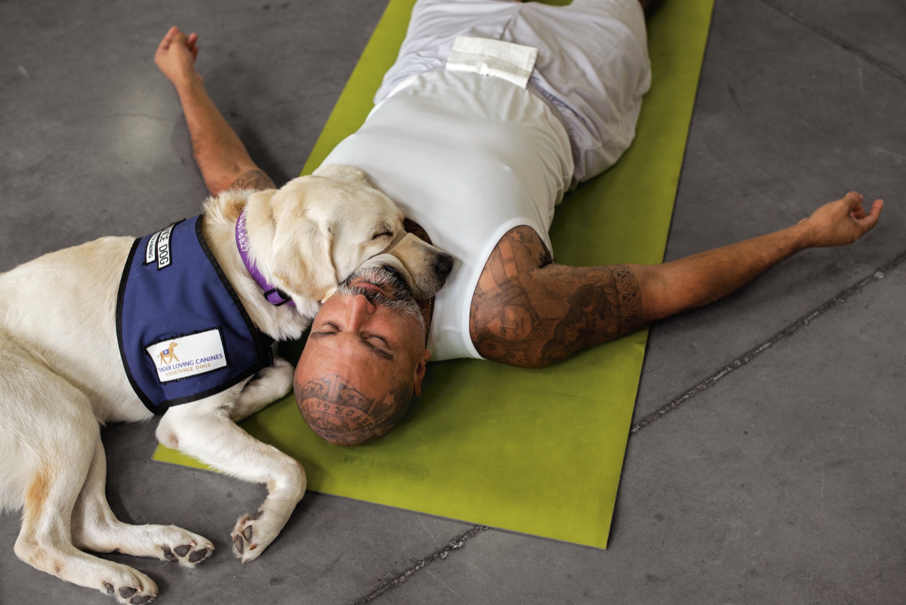 man with dog resting on green mat