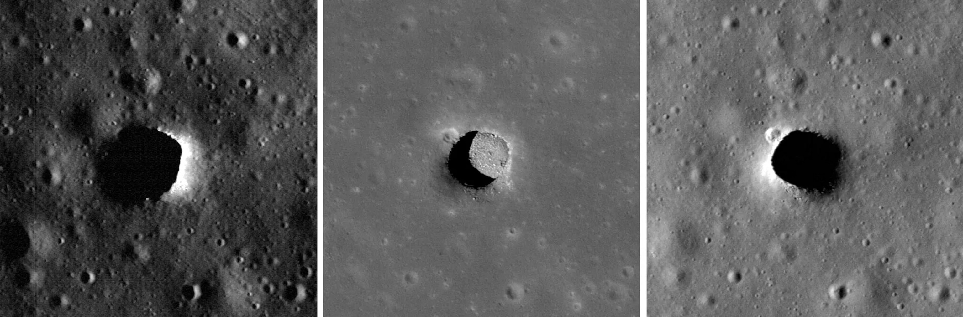 Three different overhead views of a pit on the Moon's surface.