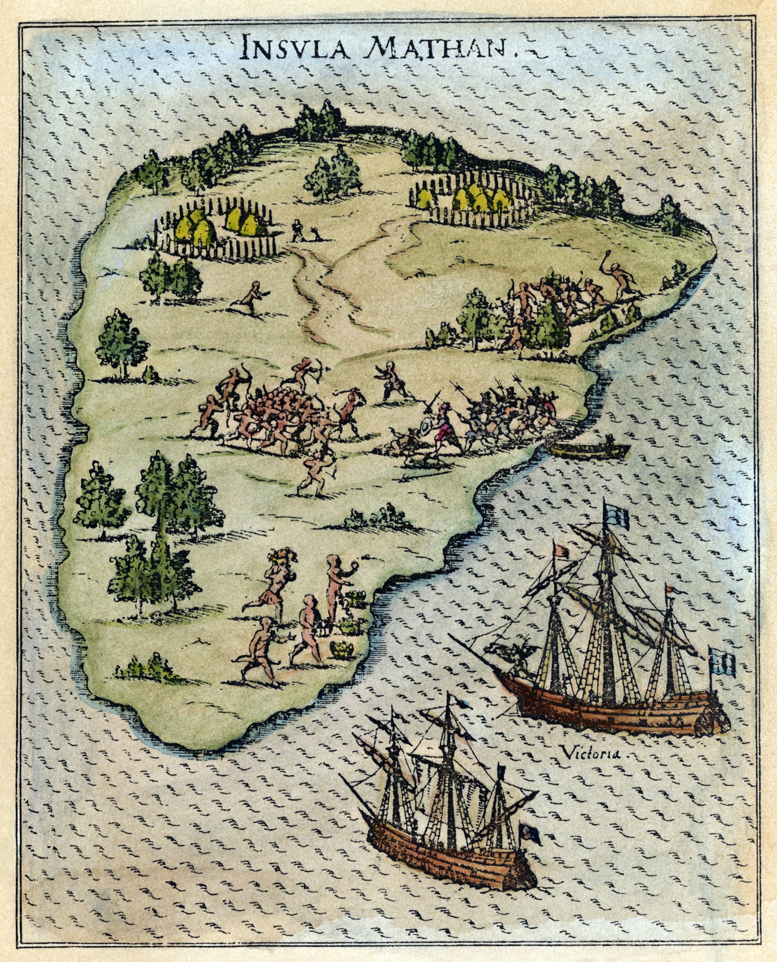 people on island and two ships