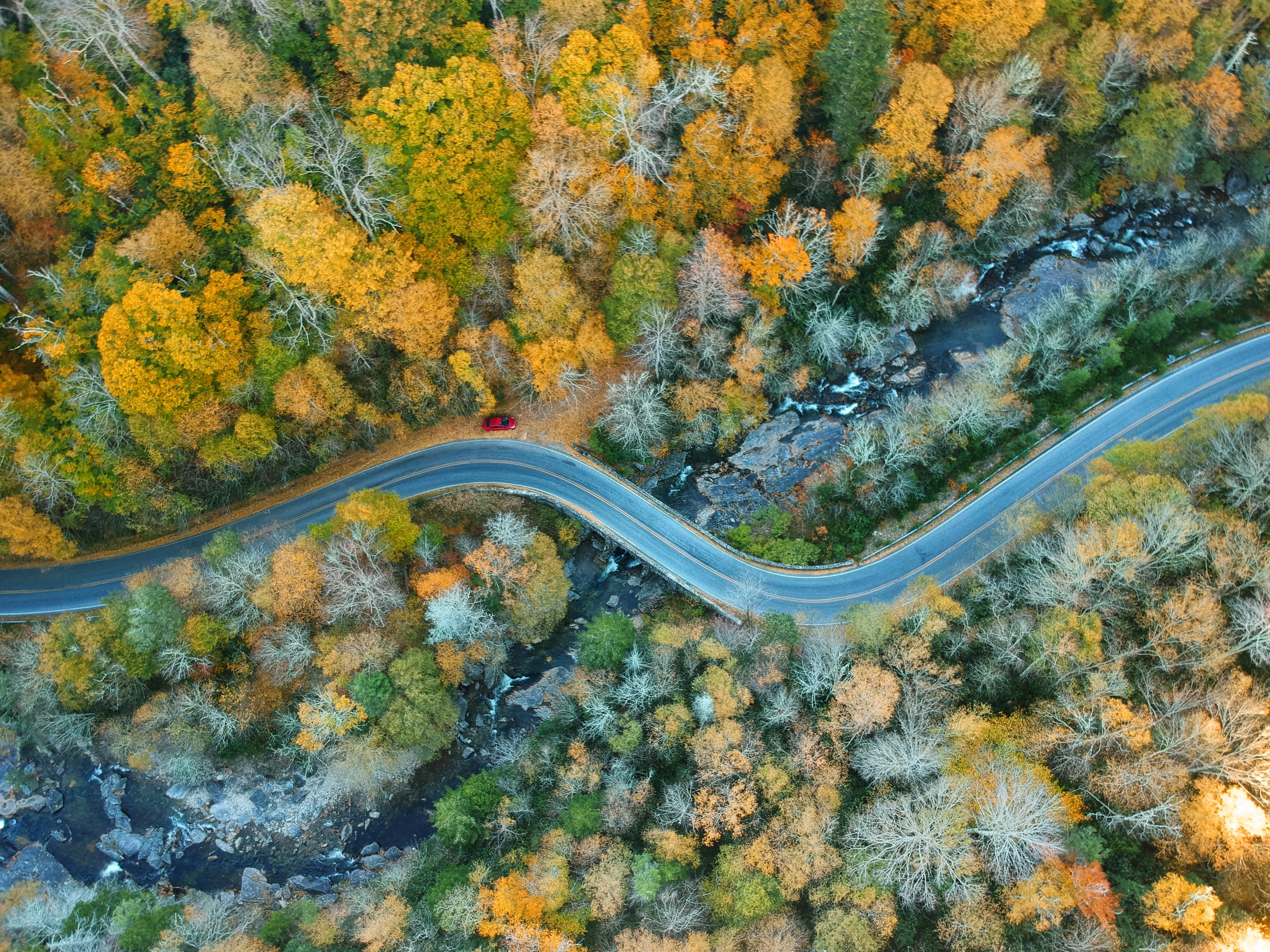 Birds-eye view of the Autumn in the Blue Ridge of the Appalachian Mountains near Asheville, North Carolina.