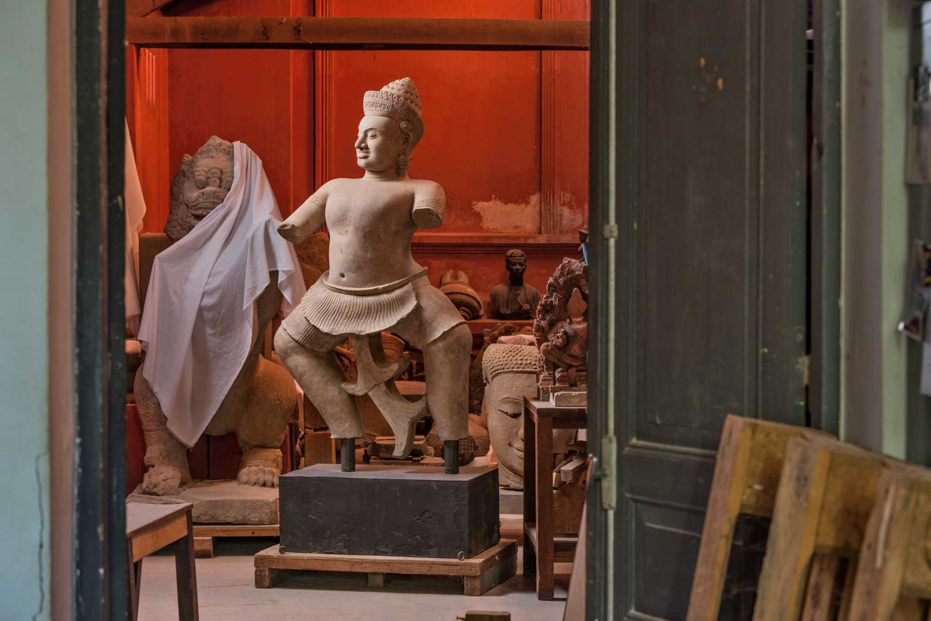10th-century sandstone warrior from the Prasat Chen temple in Cambodia