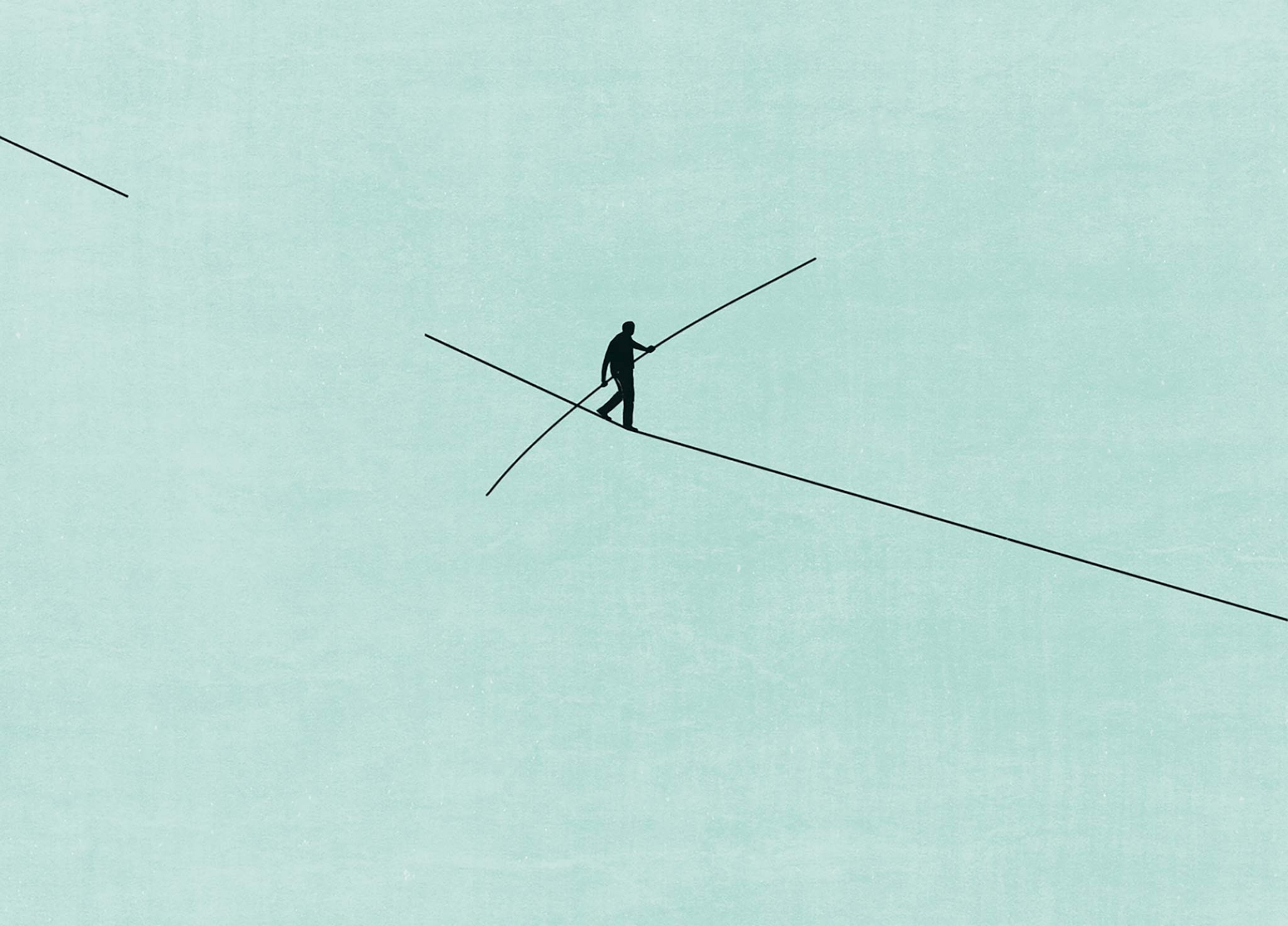 Light terque background with a small black silhouette of a person walking tightrope and balancing with a bar taken from the rope behind him.