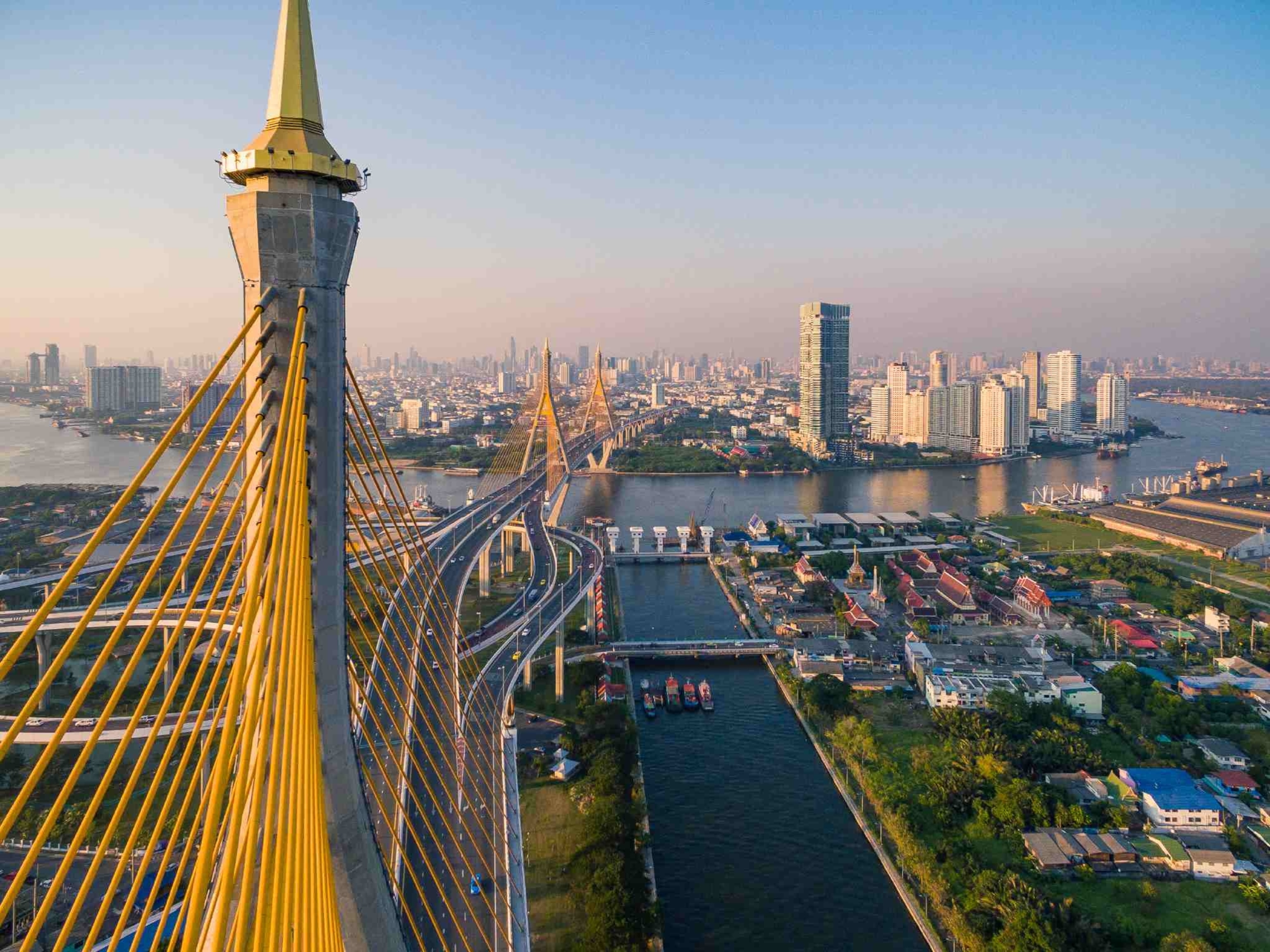 Bangkok cityscape view skyline with Bhumibhol suspension bridge
