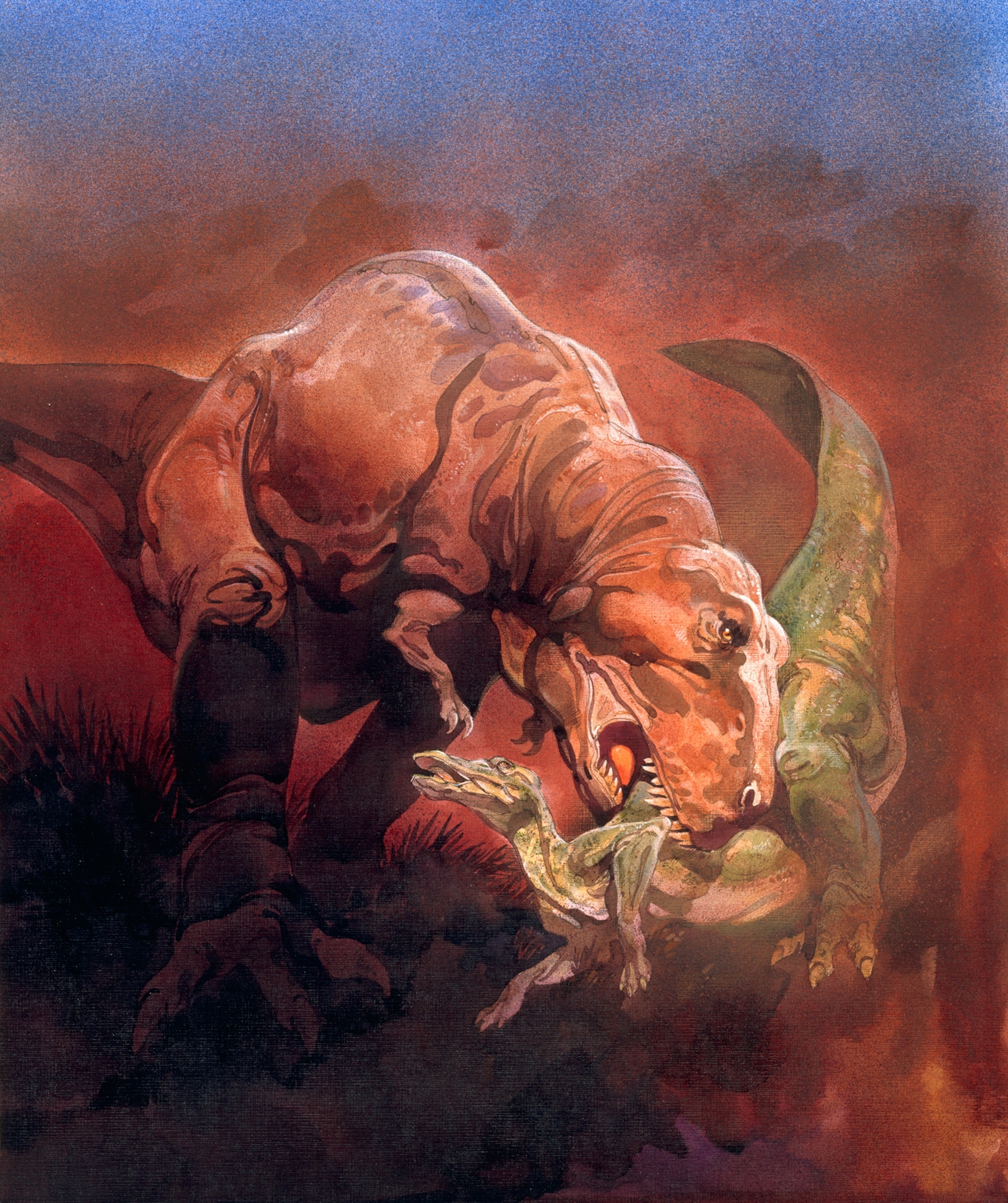 Large dinosaur tearing apart a smaller one.