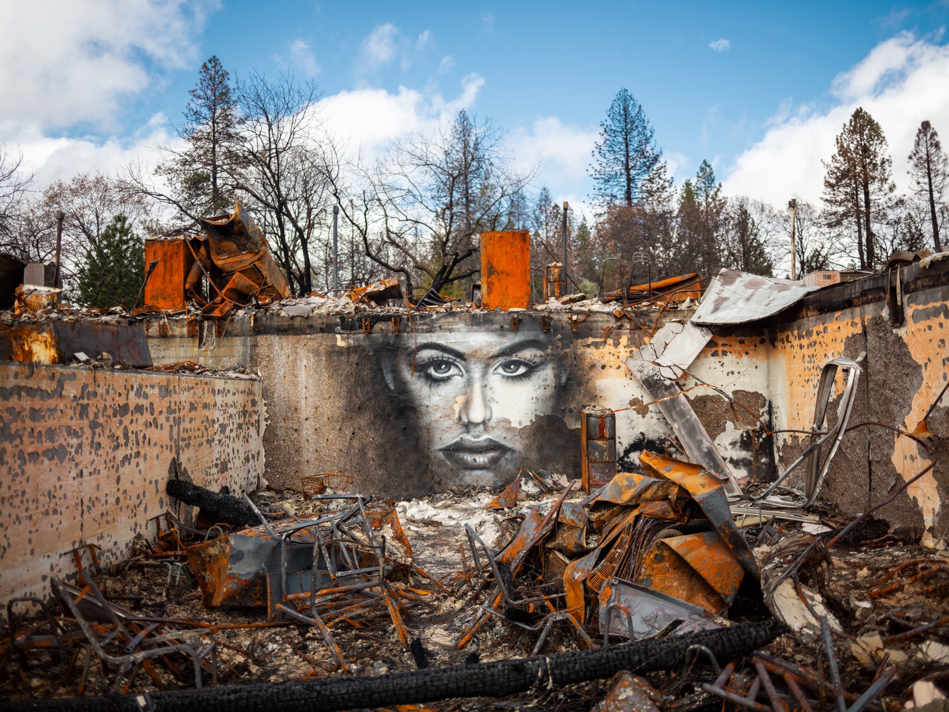 a face painted on the ruins of a burnt building surrounded by burnt trees