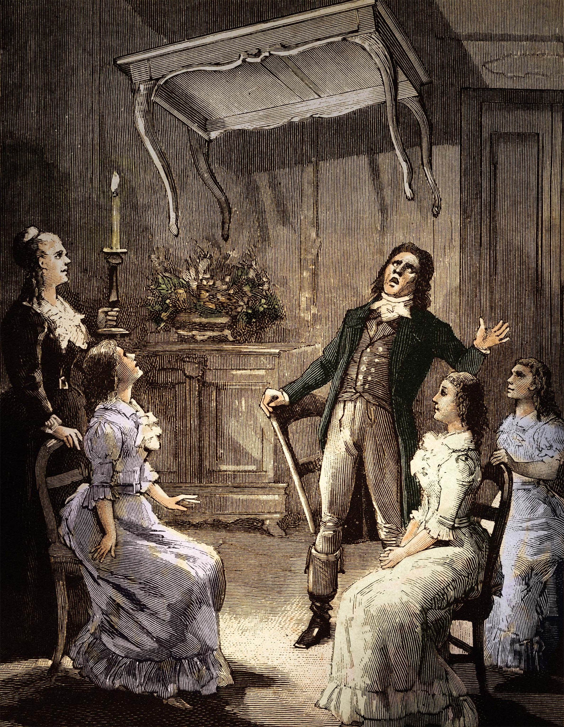 An illustration of a séance with the Fox sisters seated, a table floating, and a man in disbelief