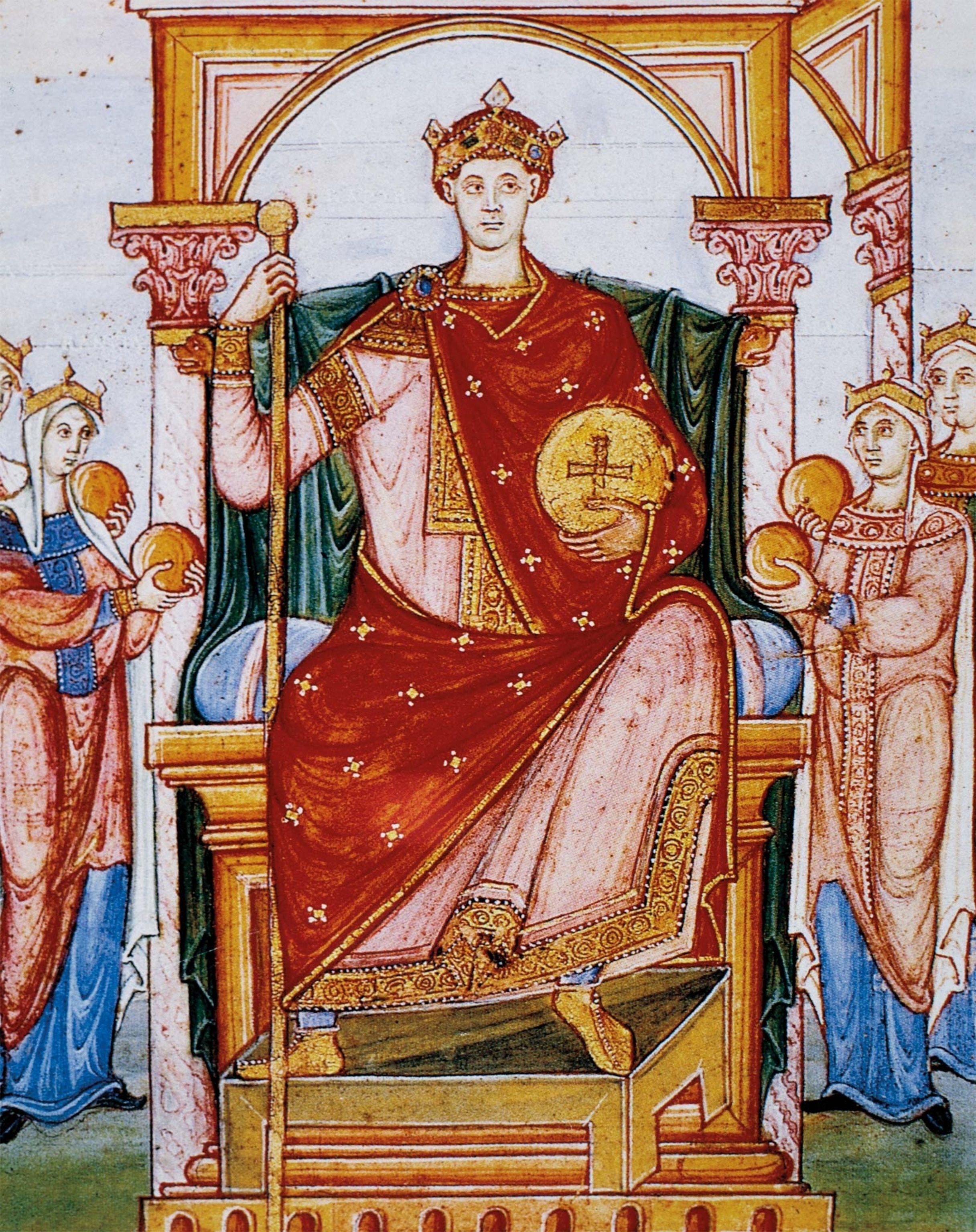 In 973, Bluetooth attacked the lands of Holy Roman Emperor Otto II, depicted in this 10th-century miniature from the Registrum Gregorii.