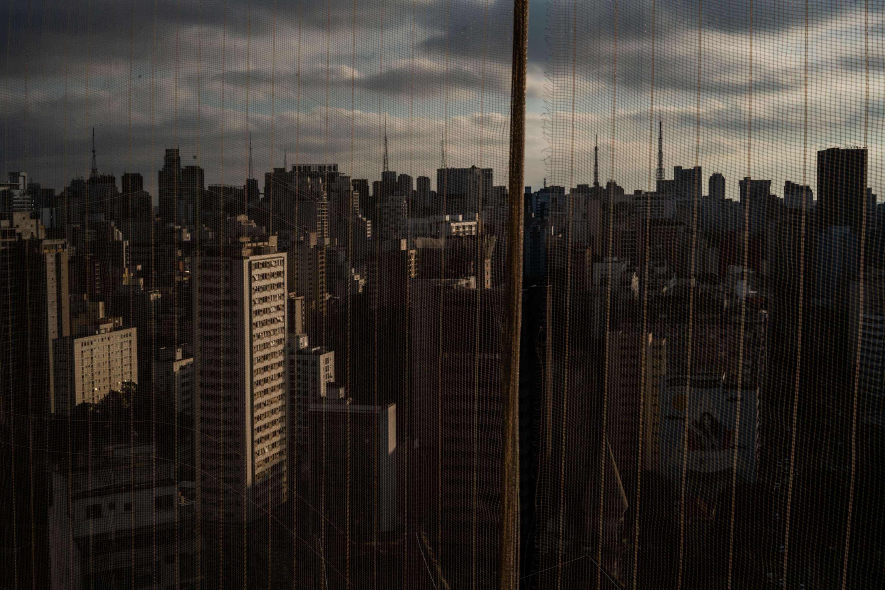 a cityscape seen through mesh