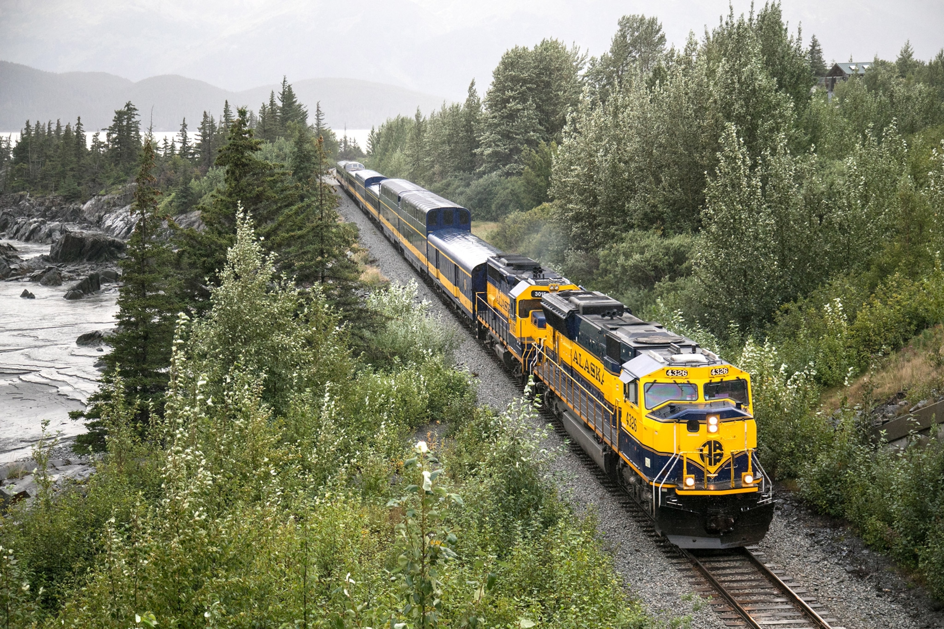 An aerial view of the Coastal Classic Train from Alaska Railroad