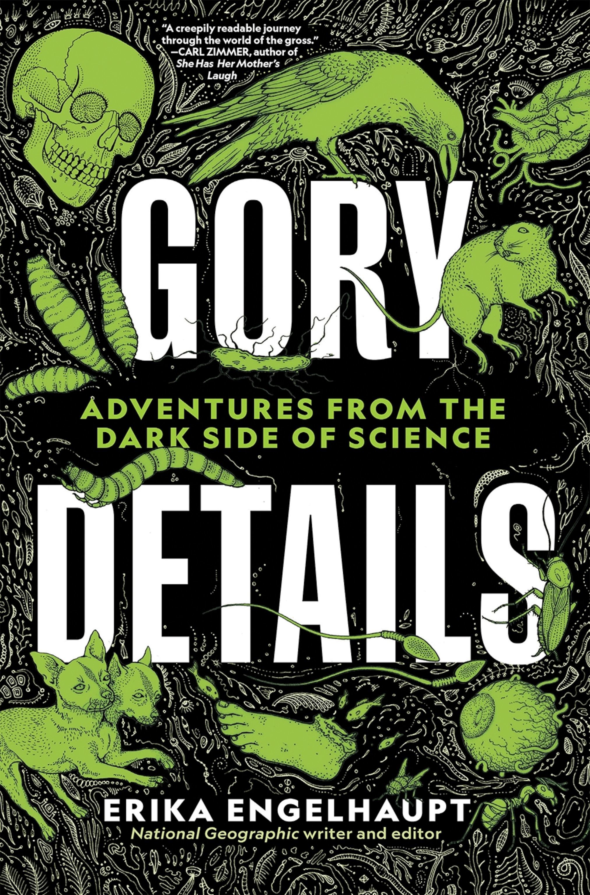 book cover with green pictures of human skull, body parts, and animals.