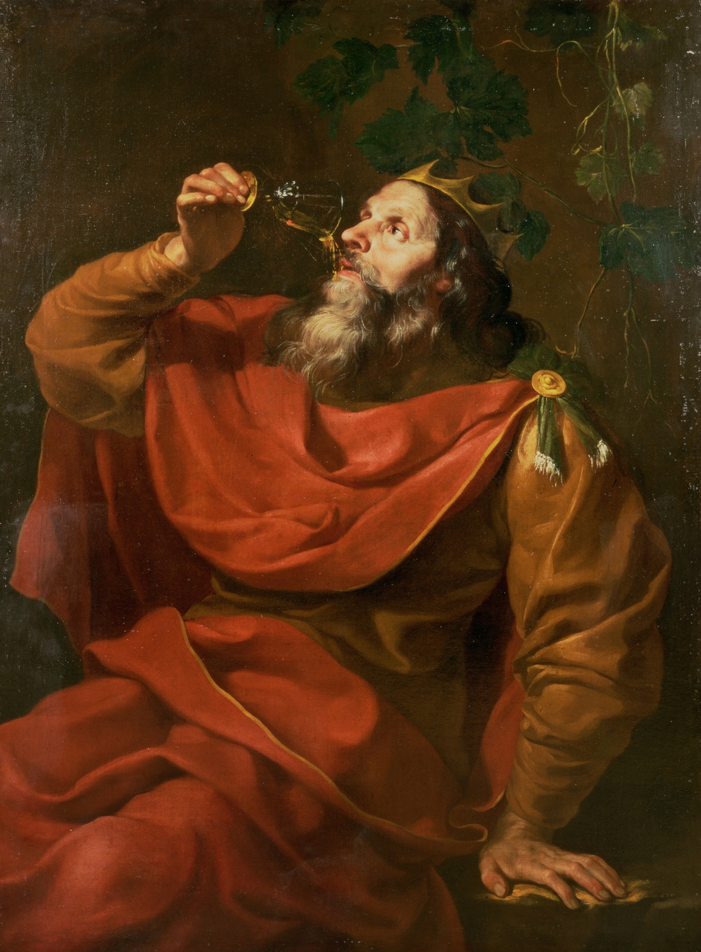 King Midas drinking glass of wine which turns to gold as it touches his lips.