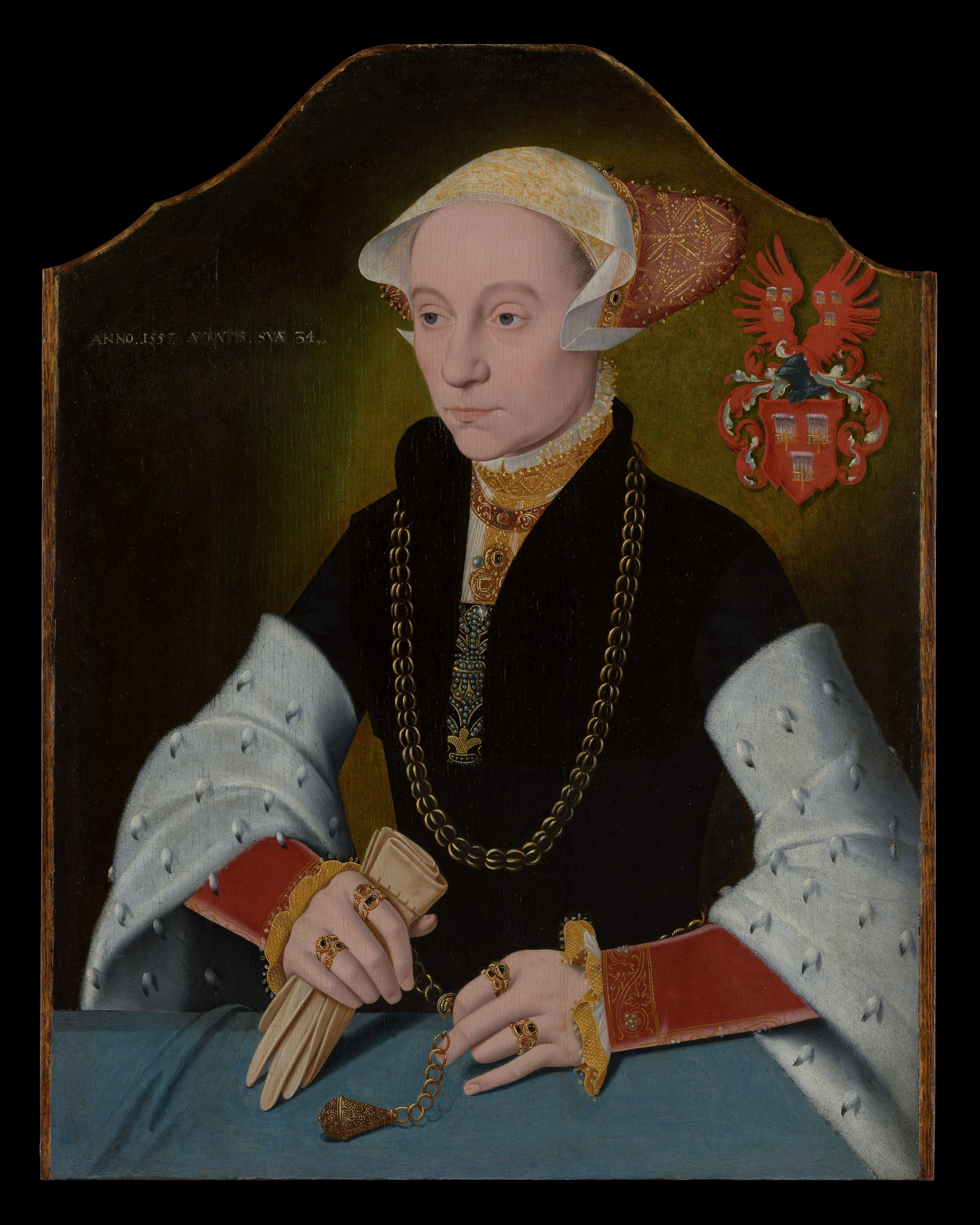 A painting of a woman with ermine sleeves.