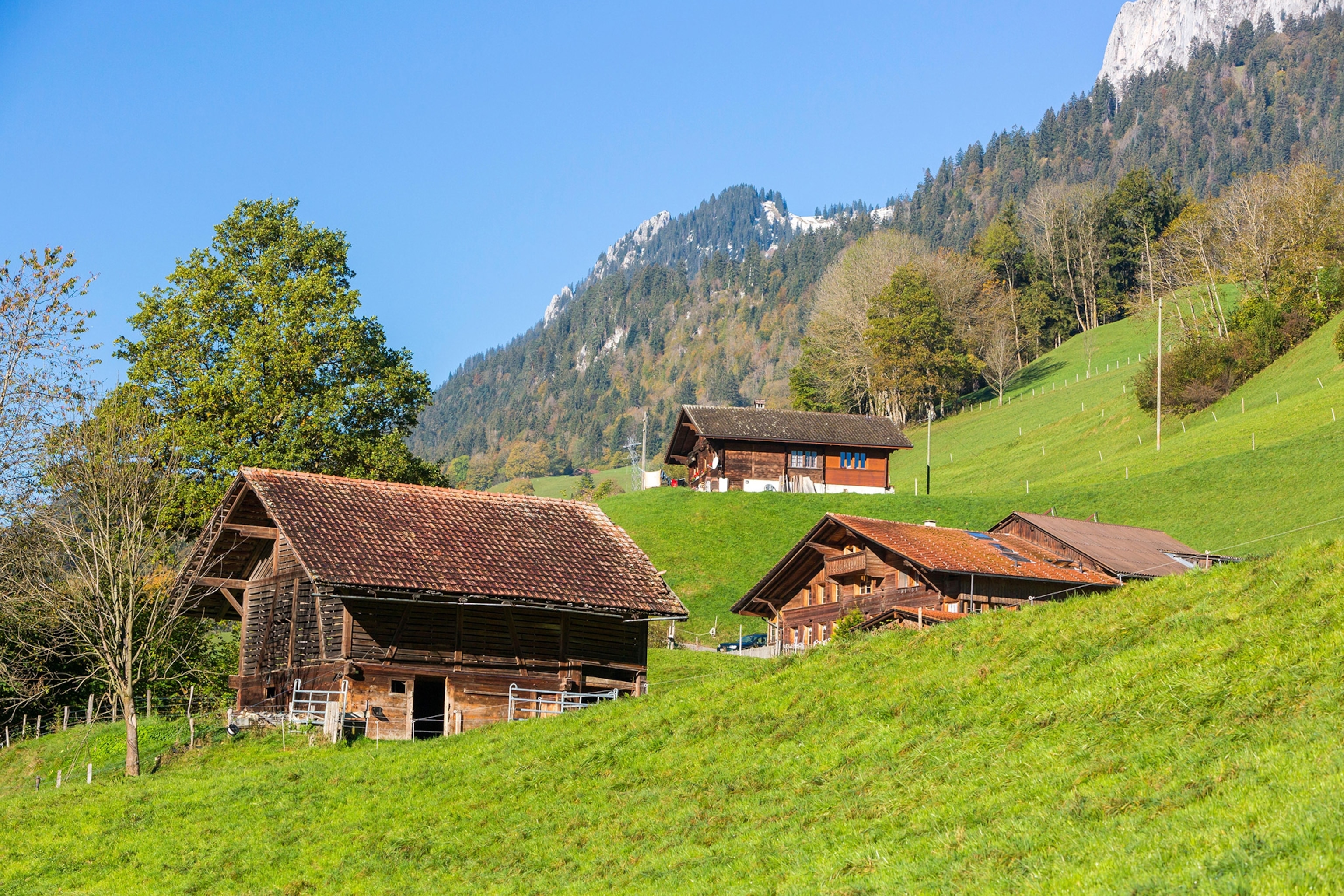 Cabins within the hills under blue skies.