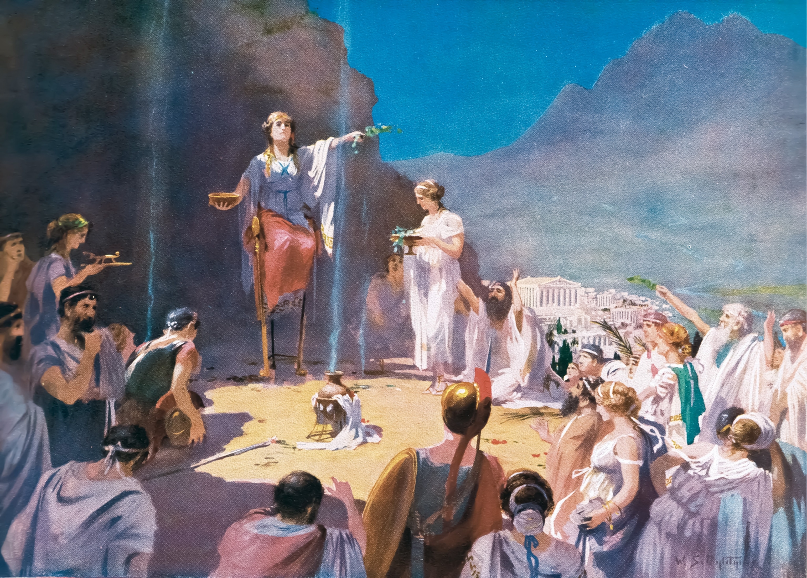 This illustration of the Pythia, entitled “Consulting the Delphic Oracle,” appeared in Hutchinson’s History of the Nations in 1914.