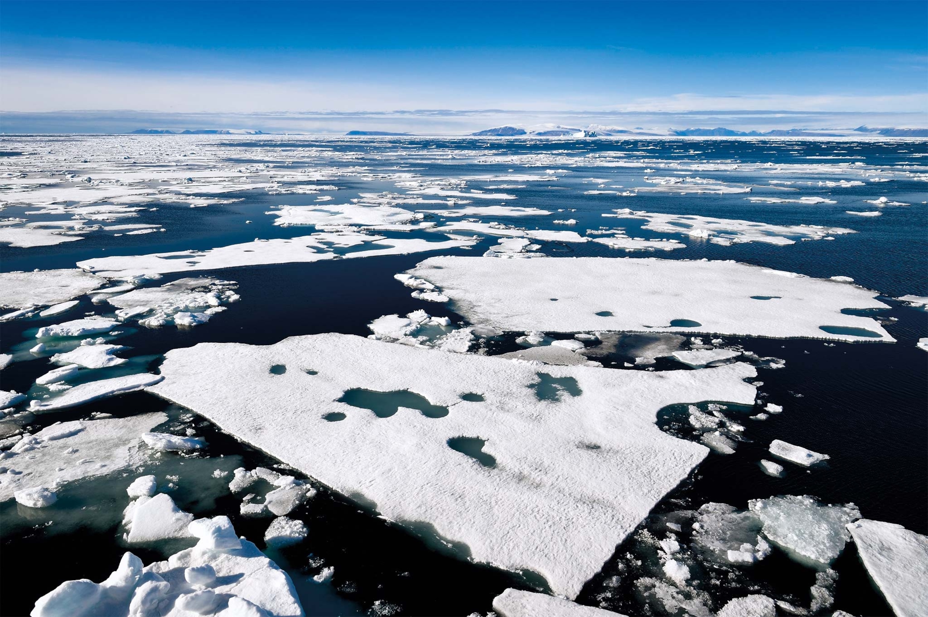 Ice floats in an aerial view of Smith Sound