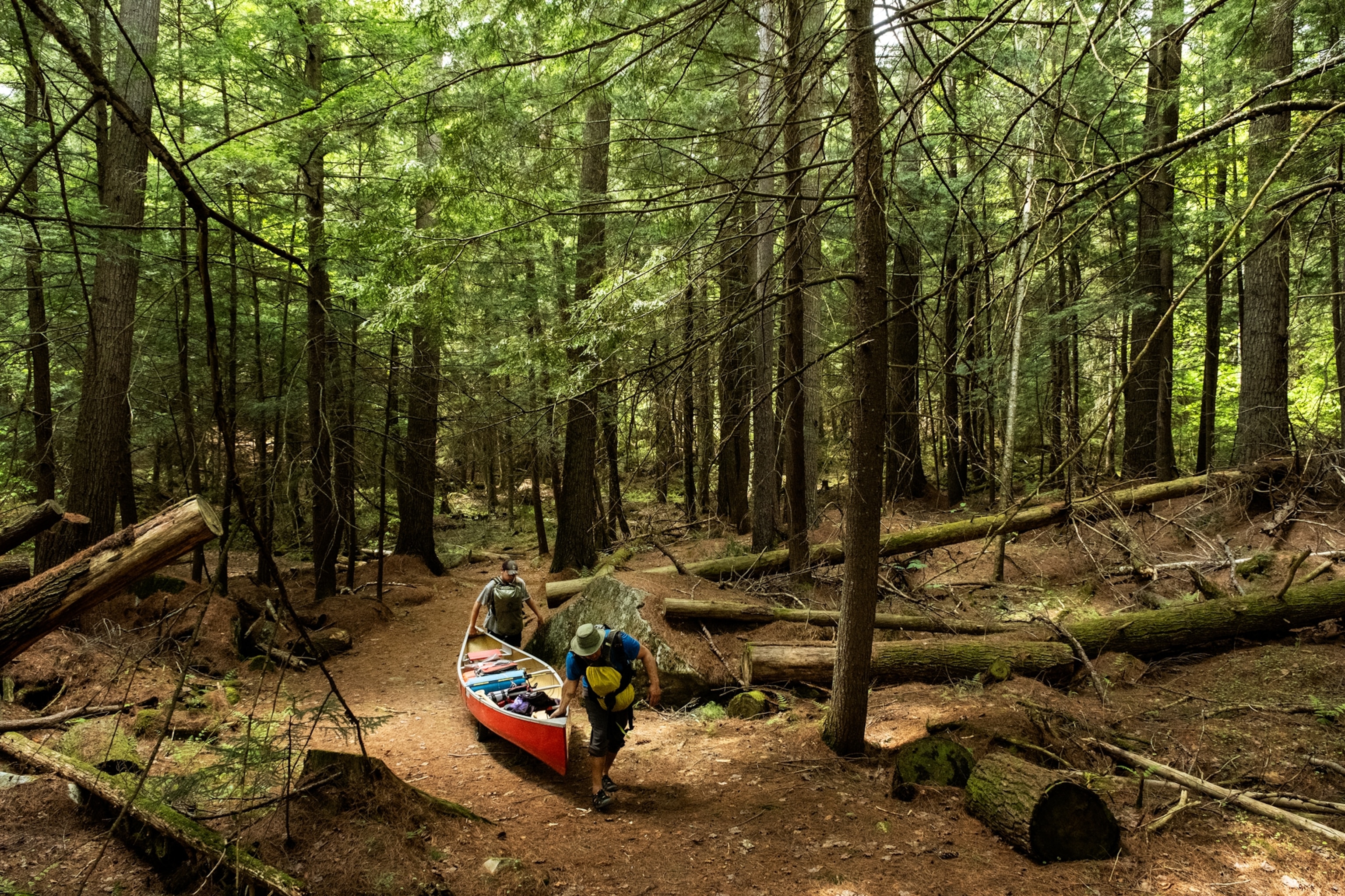 Two men carry their red canoe through a trail in the woods.