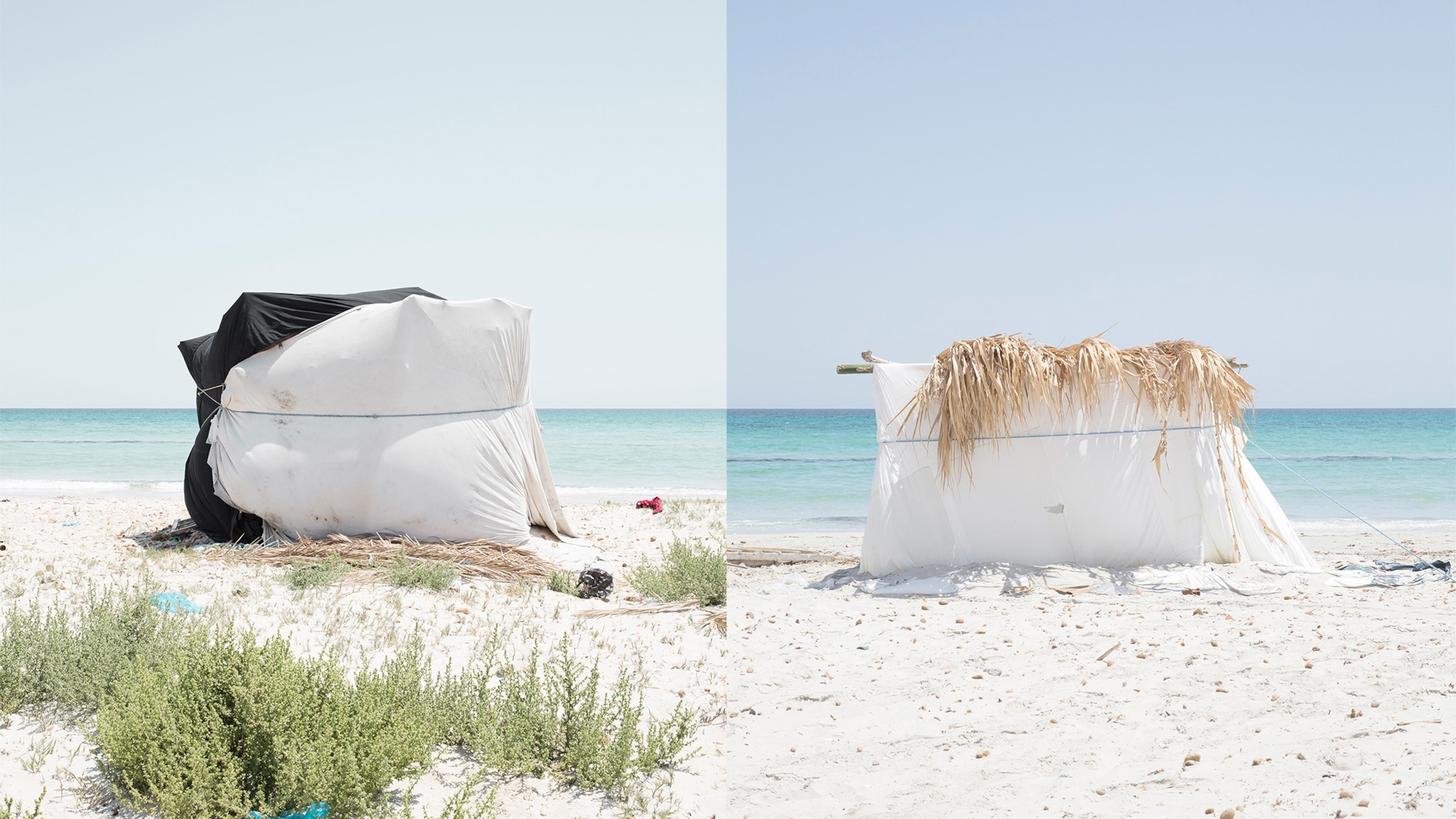 people's shelters on a beach in Tunisia