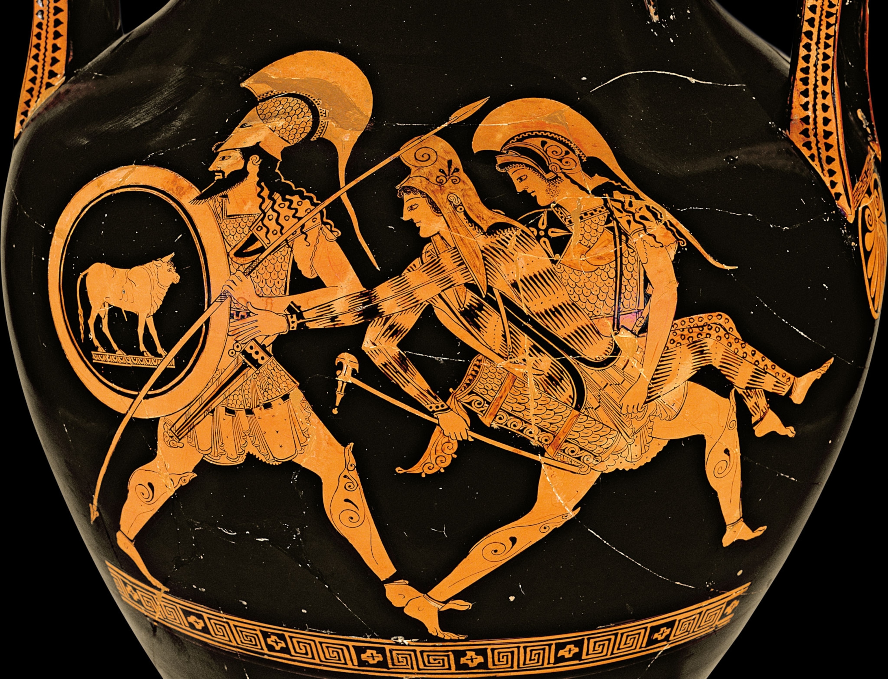 women and male soldiers in armor with shields