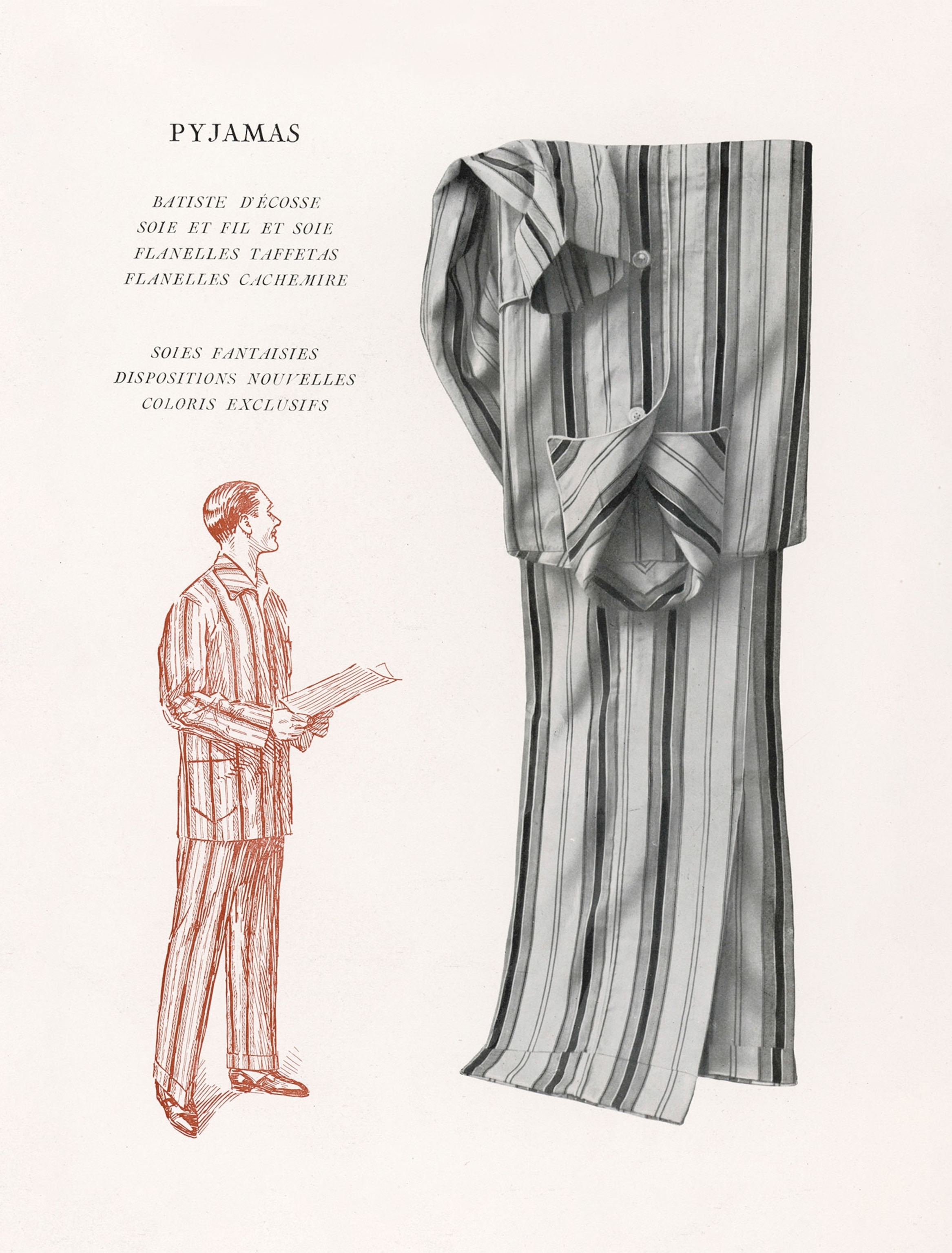 A man stands in a pair of striped pajamas in a 1927 drawing from French fashion magazine.