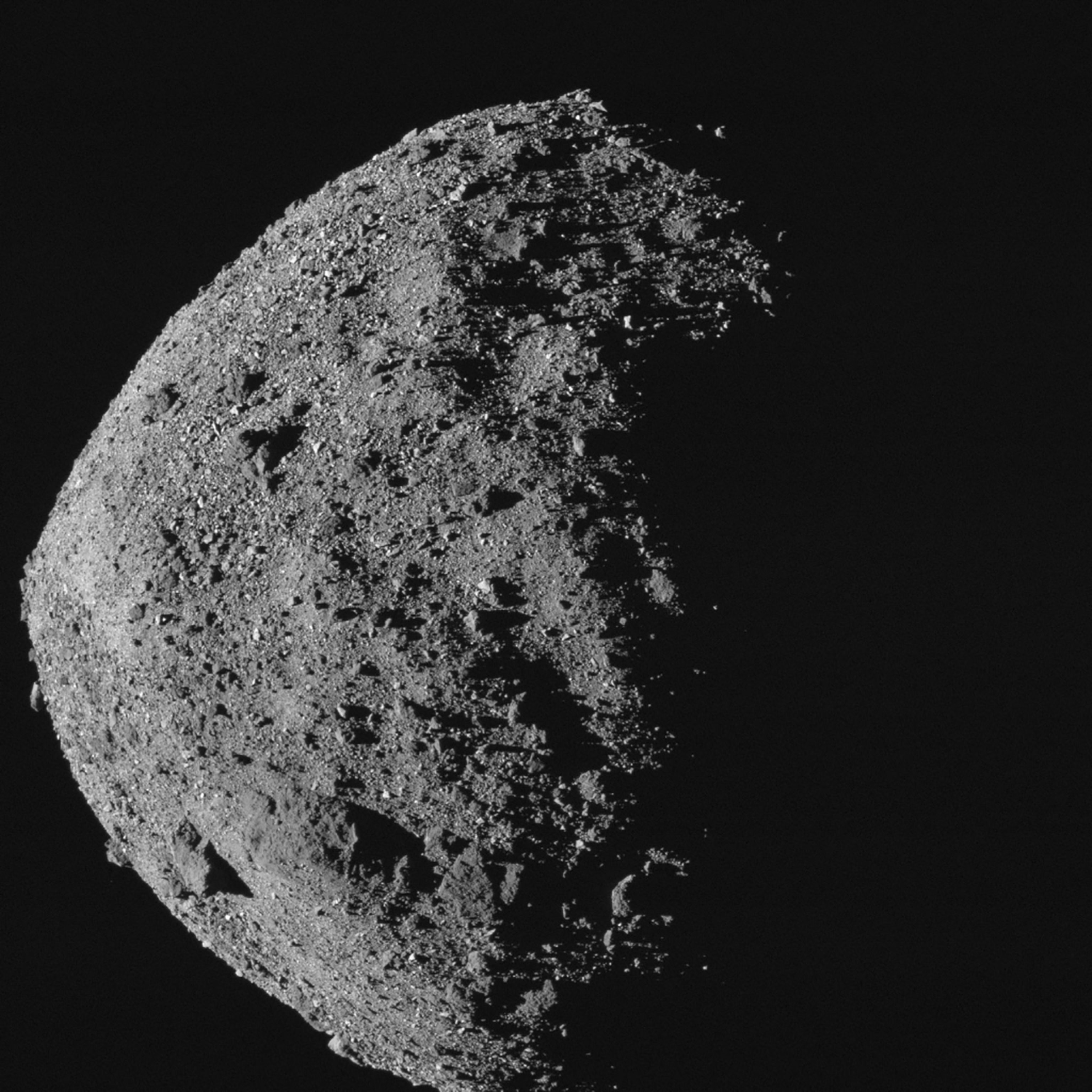 Black and white photo of asteroid Bennu