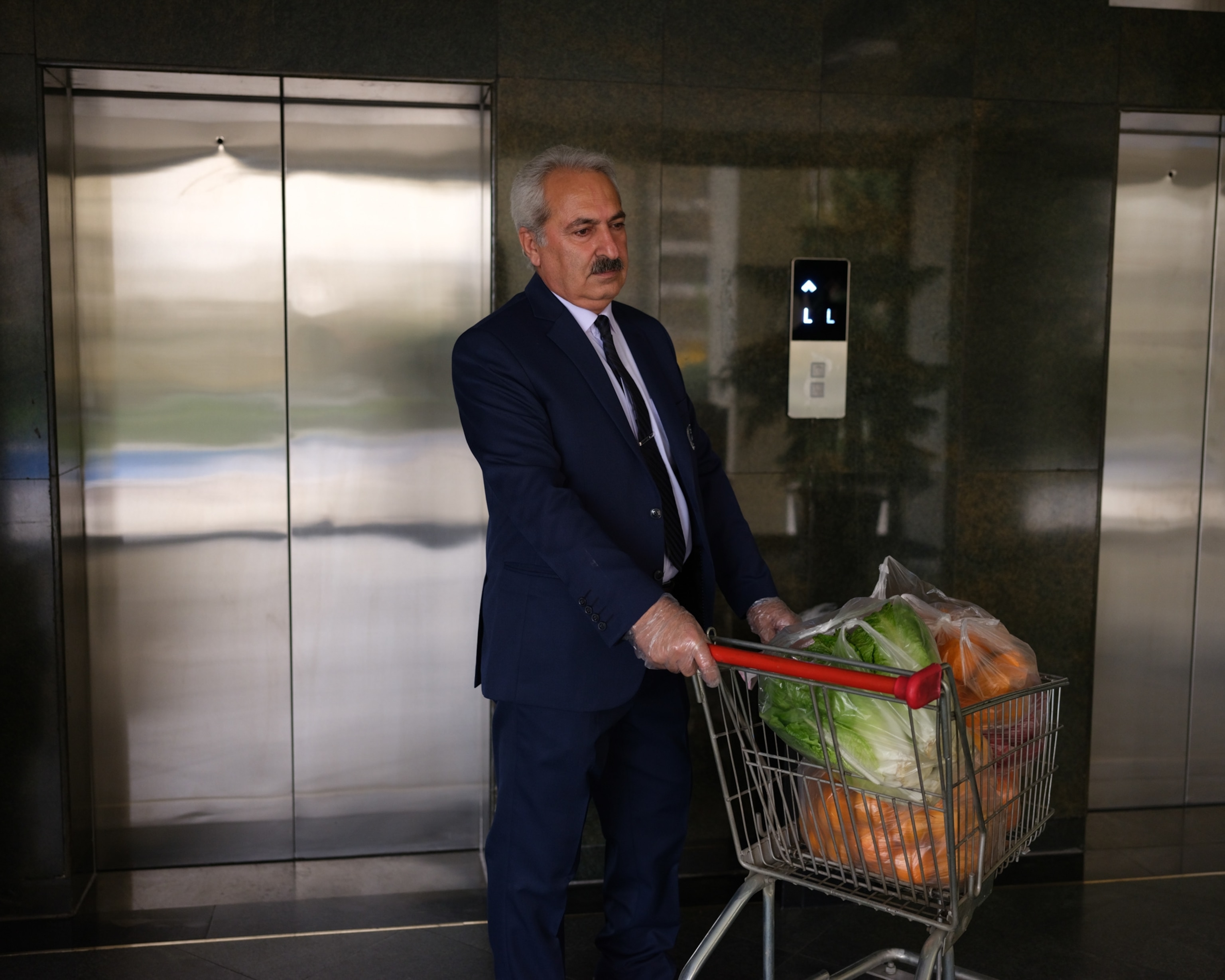 a man in a suit holding a grocery cart with lettuce and bread