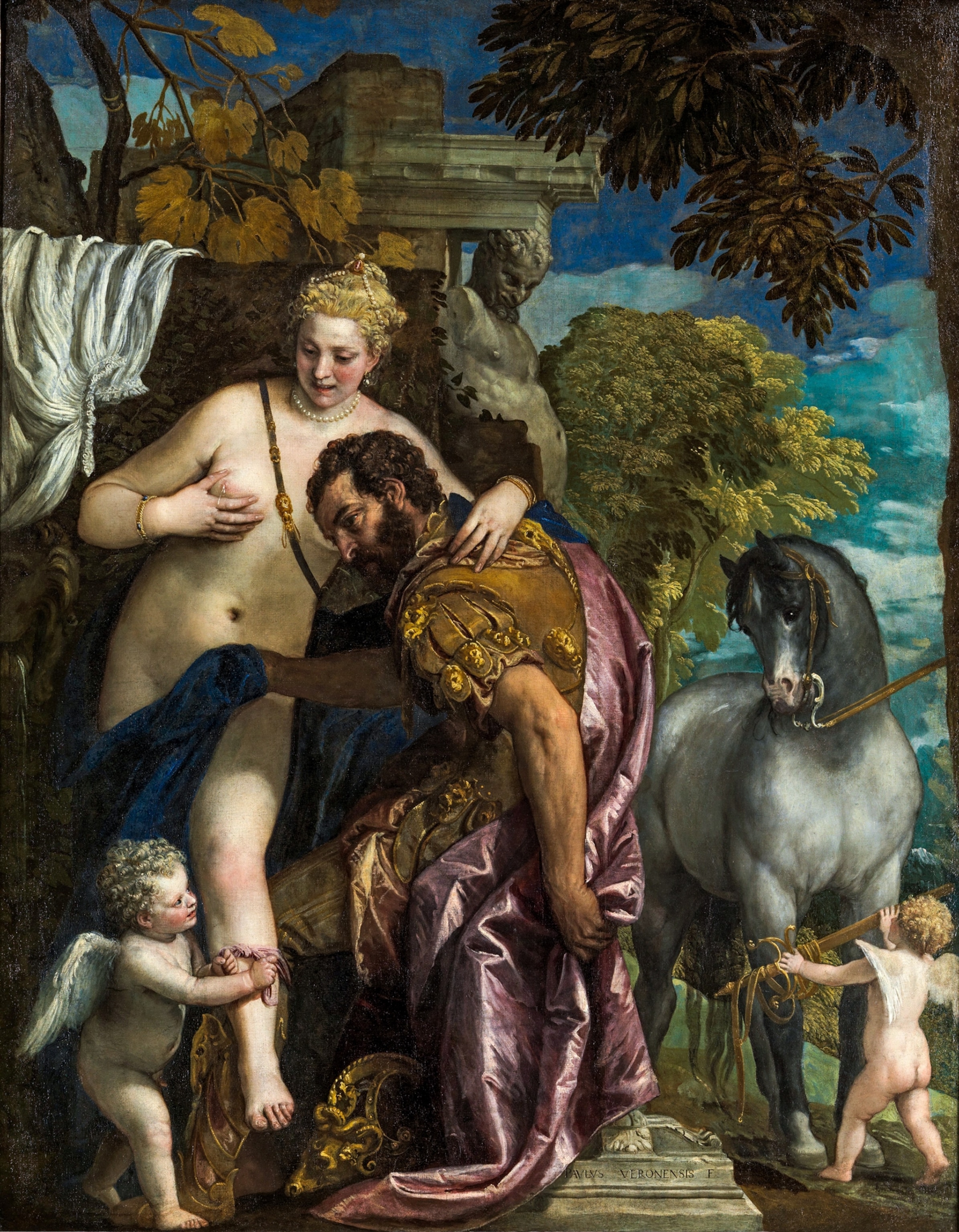 old painting depicting man in armor and naked woman.