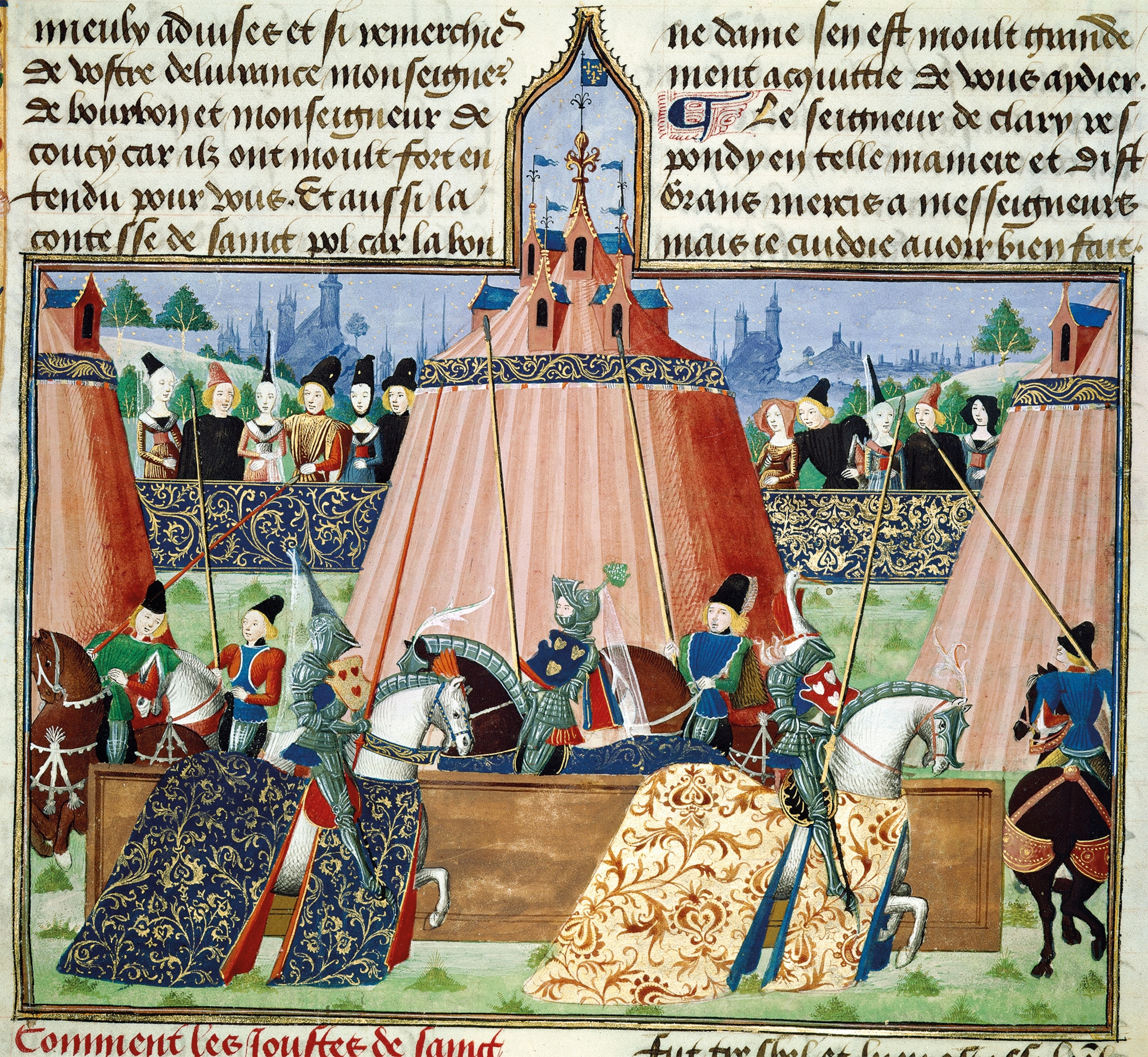 A 15th-century Flemish miniature of a jousting scene appears in an edition of Jean Froissart’s Chronicles, written during the previous century.