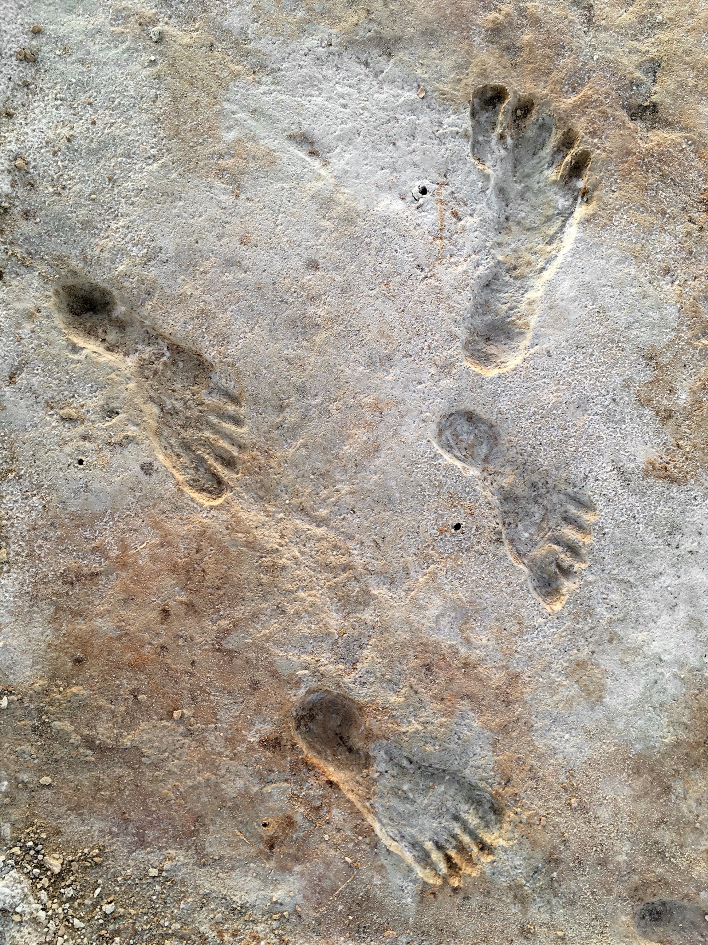 Four human footprints up-close.